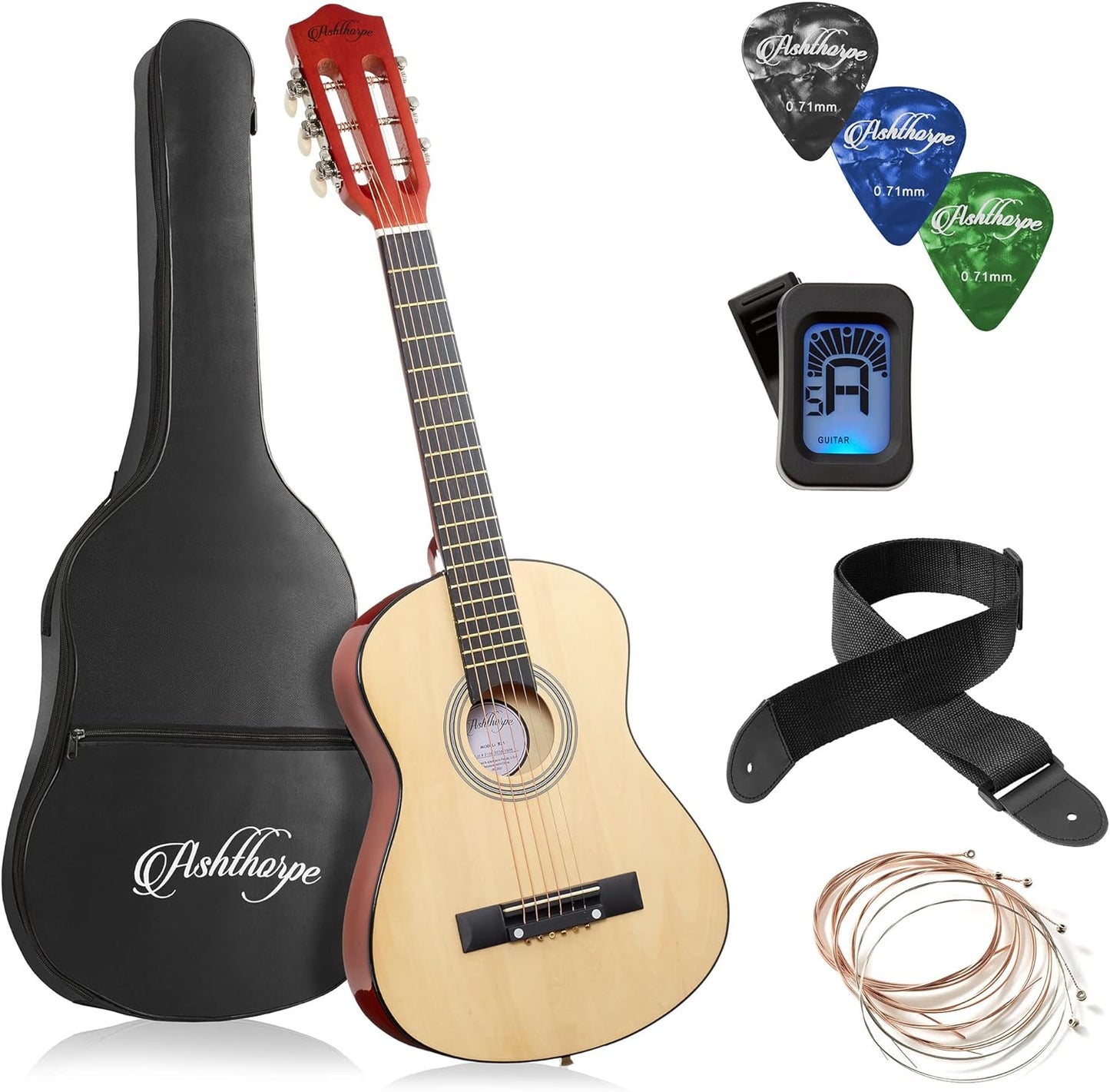 38-Inch Beginner Acoustic Guitar Package (Black), Basic Starter Kit W/Gig Bag, Strings, Strap, Tuner, Pitch Pipe, Picks