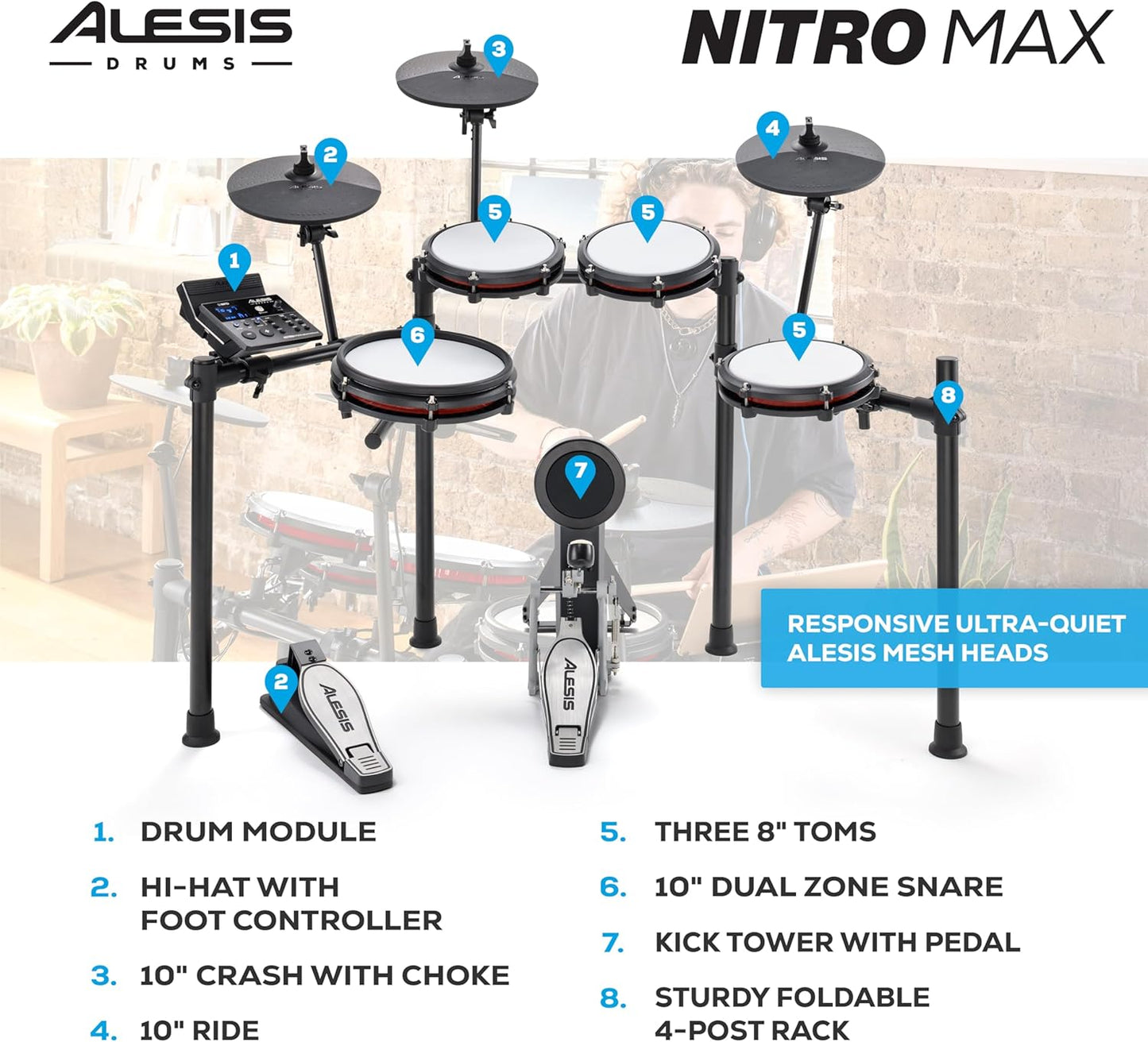 Nitro Max Kit Electric Drum Set with Quiet Mesh Pads, 10" Dual Zone Snare, Bluetooth, 440+ Sounds, Drumeo, USB MIDI, and Drummer Headphones