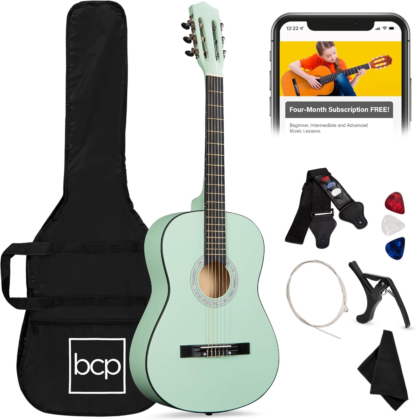 38In Beginner All Wood Acoustic Guitar Starter Kit W/Gig Bag, 6 Picks, Nylon Strings, Strap W/Pick Holder - Redburst