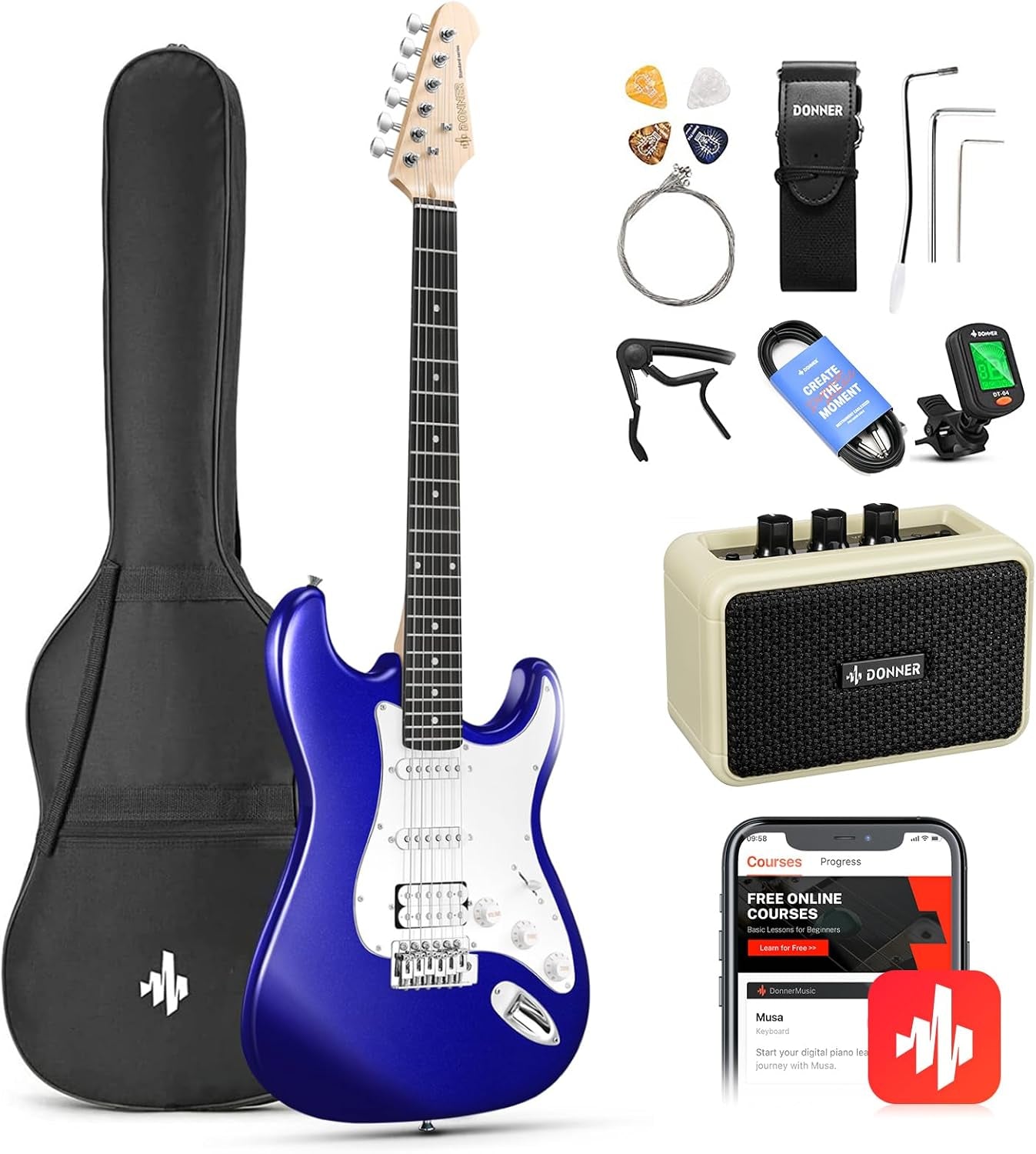 DST-100B 39 Inch Electric Guitar Beginner Kit Solid Body Full Size Black HSS for Starter, with Amplifier, Bag, Digital Tuner, Capo, Strap, String,Cable, Picks