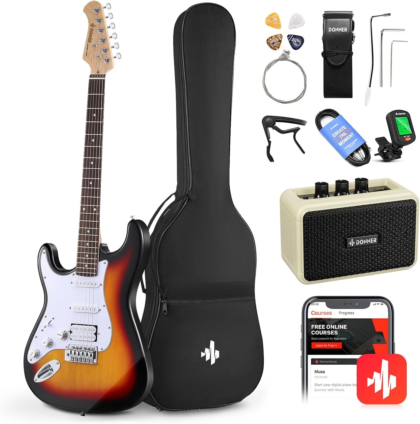 DST-100B 39 Inch Electric Guitar Beginner Kit Solid Body Full Size Black HSS for Starter, with Amplifier, Bag, Digital Tuner, Capo, Strap, String,Cable, Picks