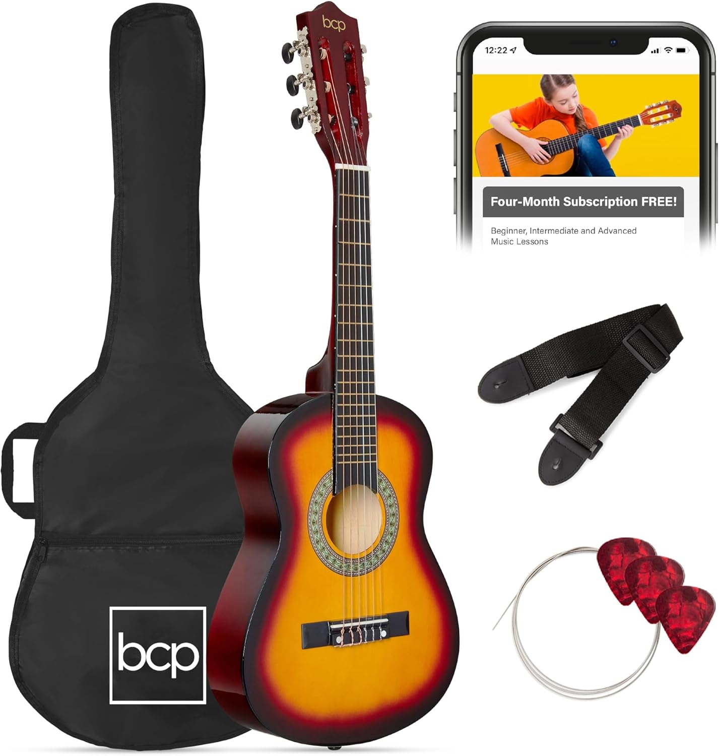 38In Beginner All Wood Acoustic Guitar Starter Kit W/Gig Bag, 6 Picks, Nylon Strings, Strap W/Pick Holder - Redburst