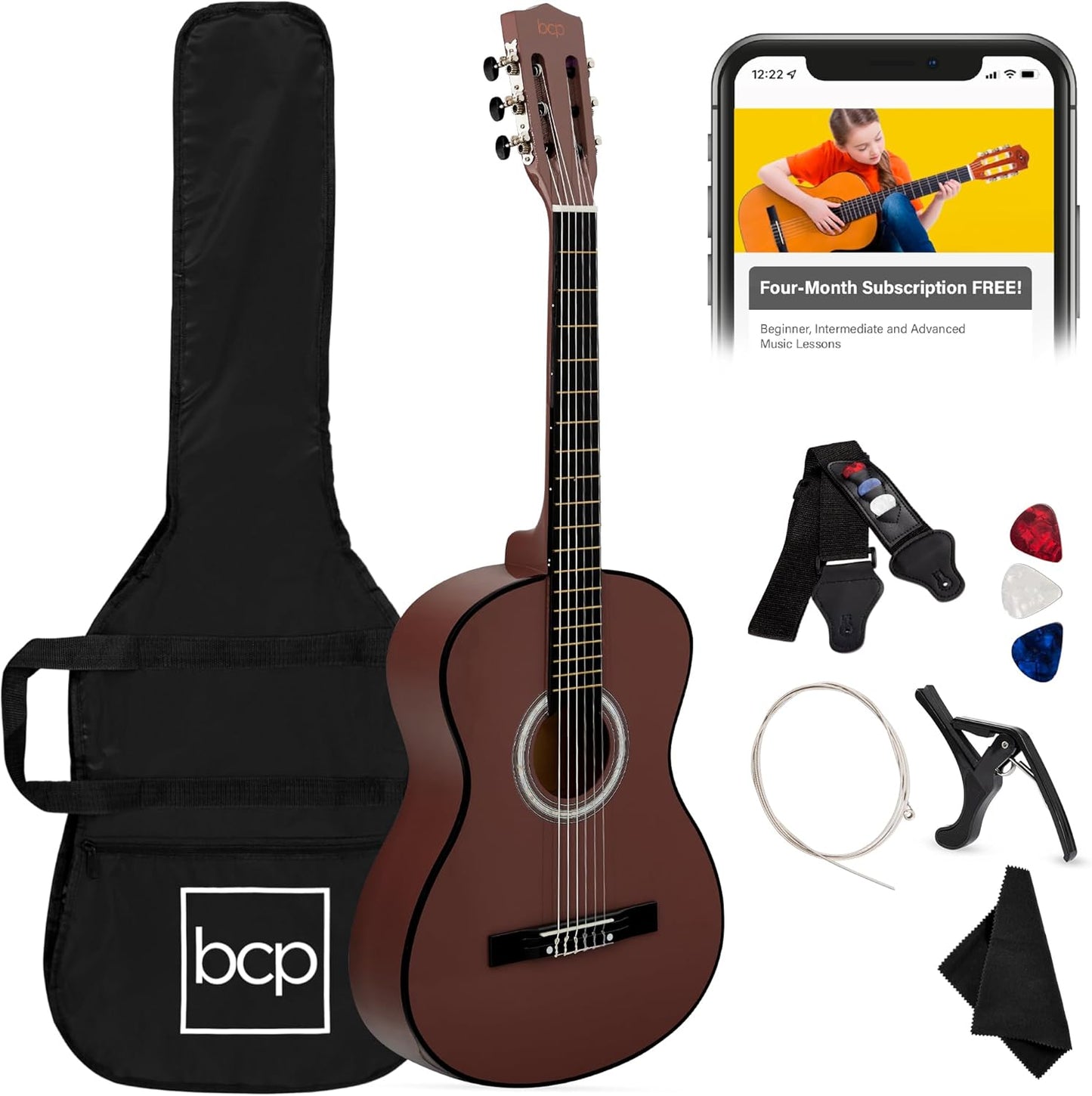 38In Beginner All Wood Acoustic Guitar Starter Kit W/Gig Bag, 6 Picks, Nylon Strings, Strap W/Pick Holder - Redburst