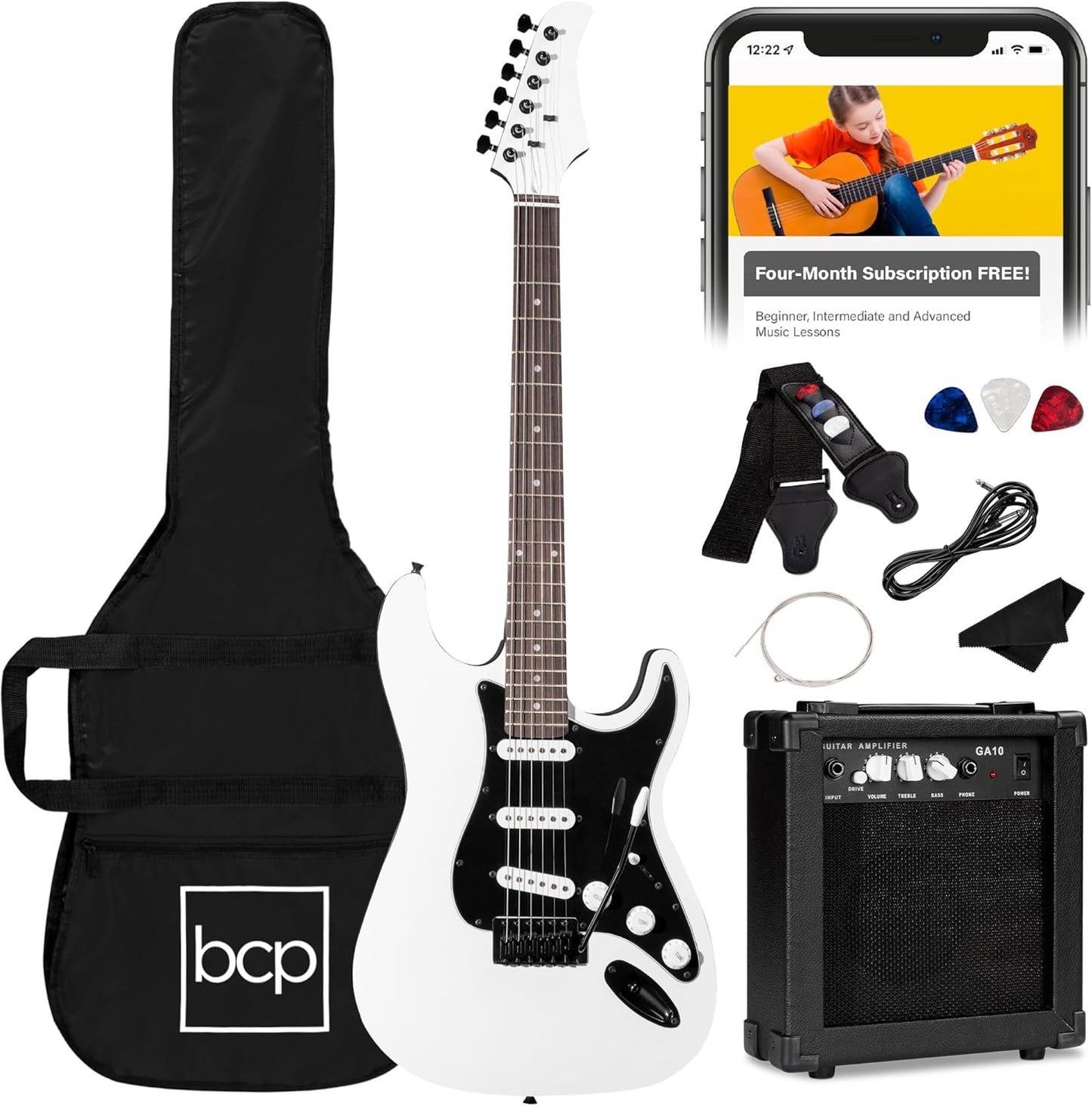 39In Full Size Beginner Electric Guitar Starter Kit W/Case, Strap, 10W Amp, Strings, Pick, Tremolo Bar - Hollywood Blue