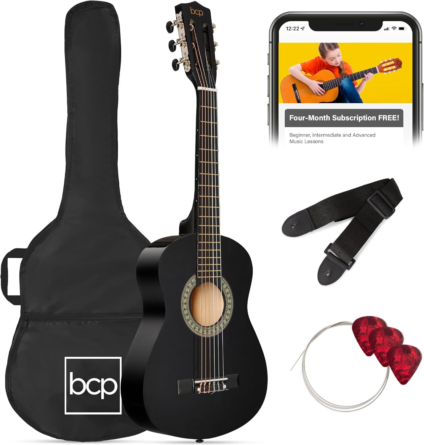38In Beginner All Wood Acoustic Guitar Starter Kit W/Gig Bag, 6 Picks, Nylon Strings, Strap W/Pick Holder - Redburst