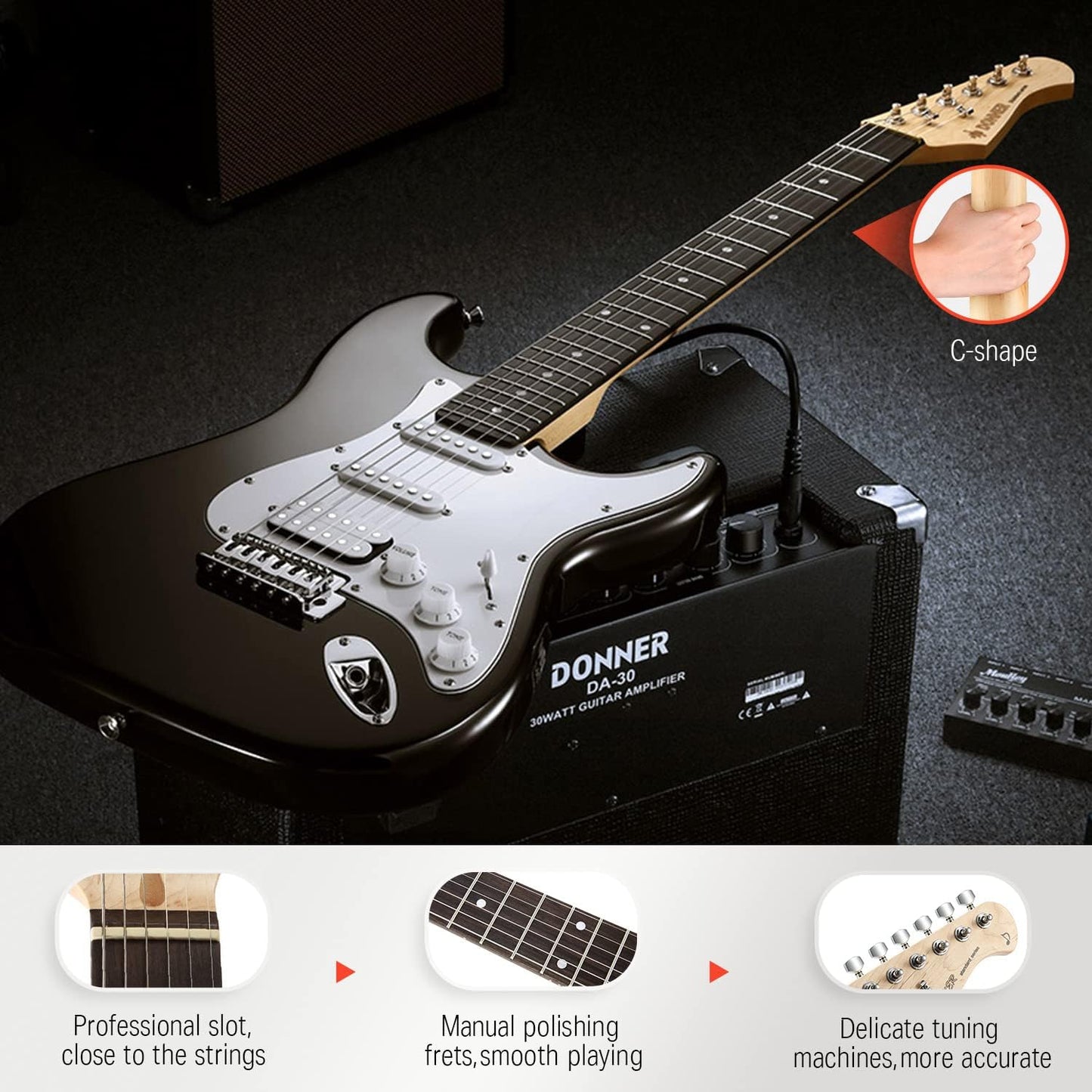 DST-100B 39 Inch Electric Guitar Beginner Kit Solid Body Full Size Black HSS for Starter, with Amplifier, Bag, Digital Tuner, Capo, Strap, String,Cable, Picks