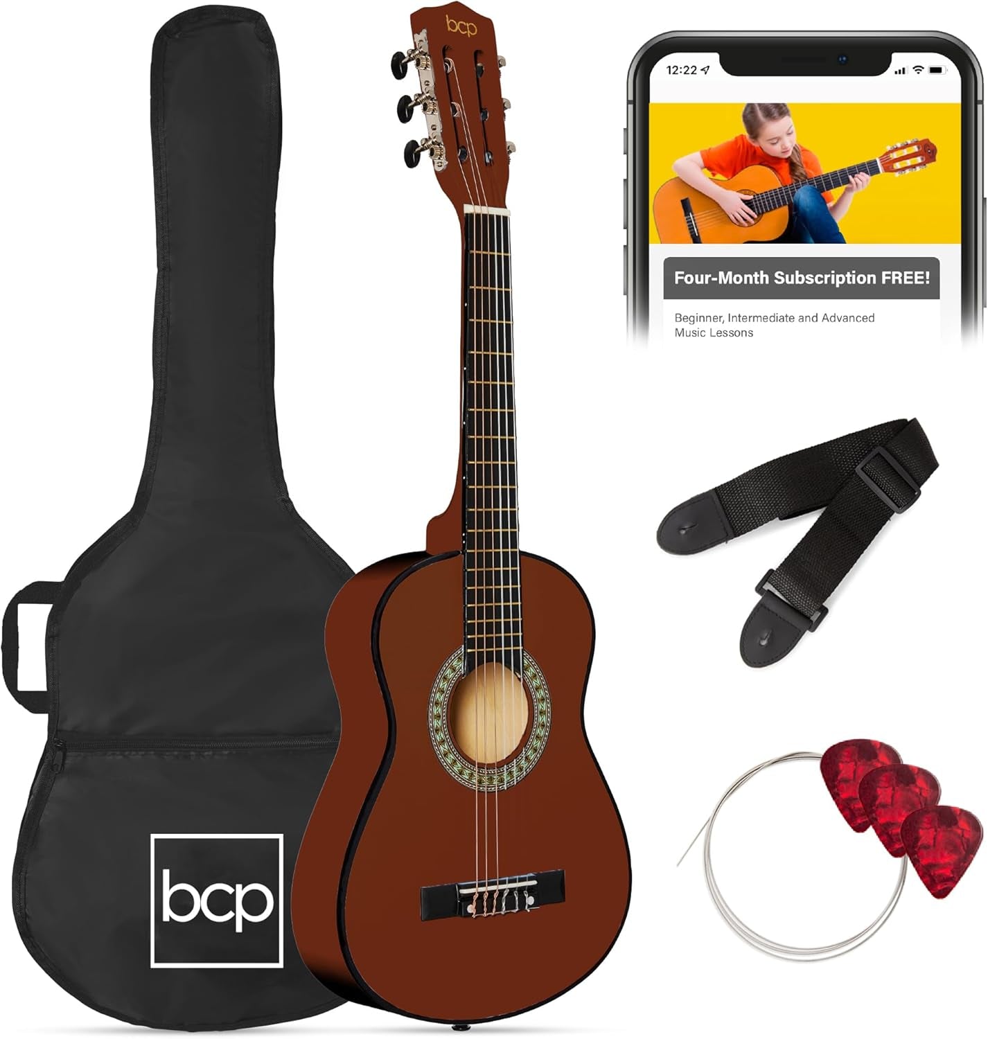 38In Beginner All Wood Acoustic Guitar Starter Kit W/Gig Bag, 6 Picks, Nylon Strings, Strap W/Pick Holder - Redburst