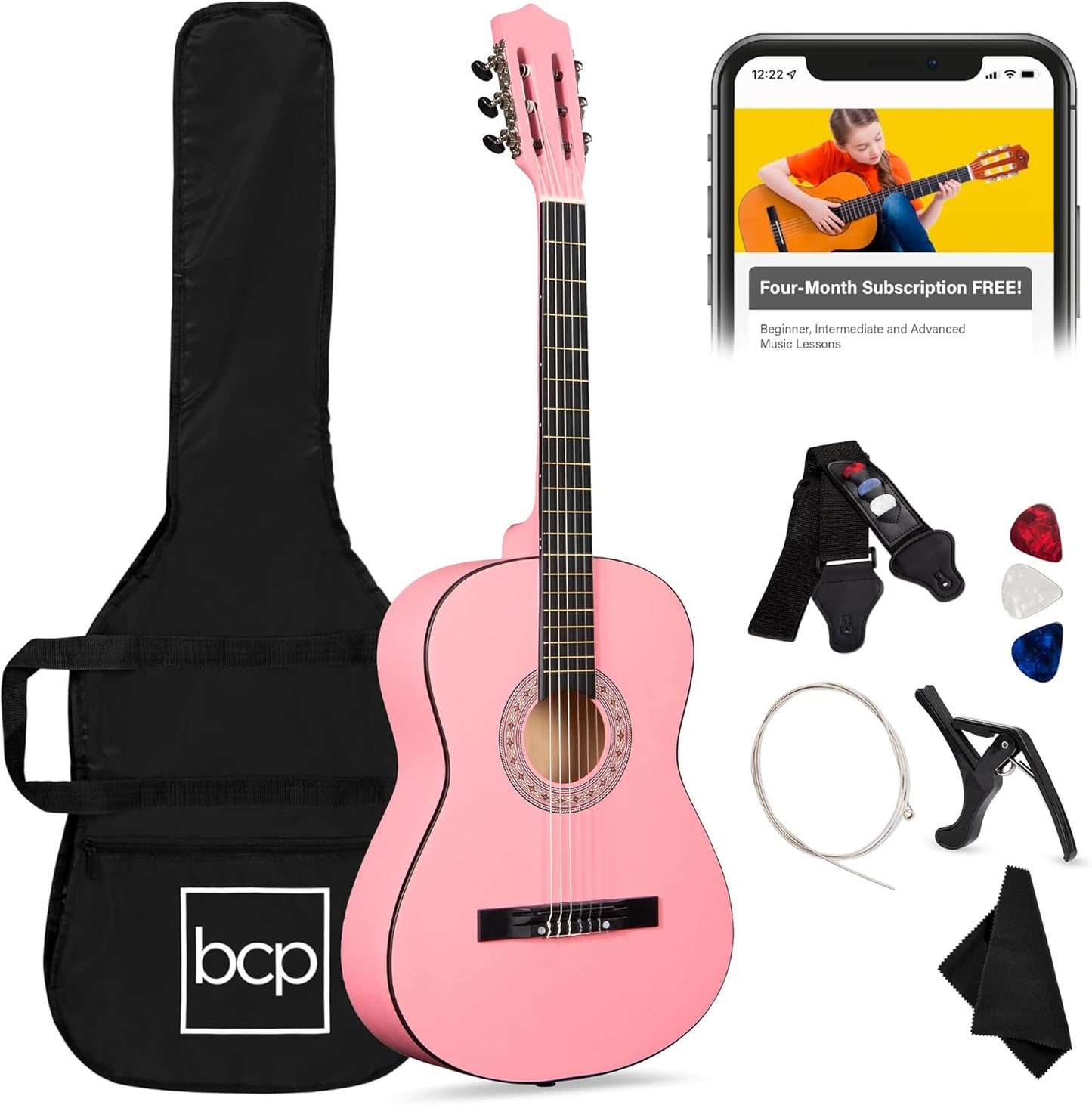 38In Beginner All Wood Acoustic Guitar Starter Kit W/Gig Bag, 6 Picks, Nylon Strings, Strap W/Pick Holder - Redburst
