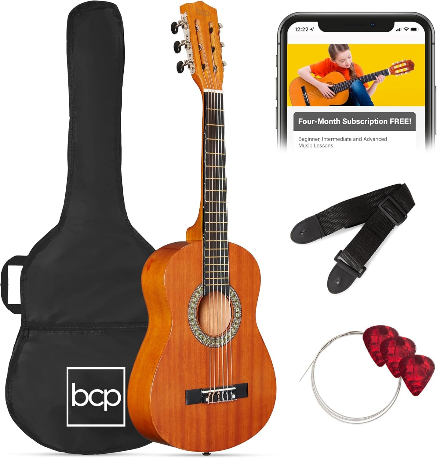 38In Beginner All Wood Acoustic Guitar Starter Kit W/Gig Bag, 6 Picks, Nylon Strings, Strap W/Pick Holder - Redburst