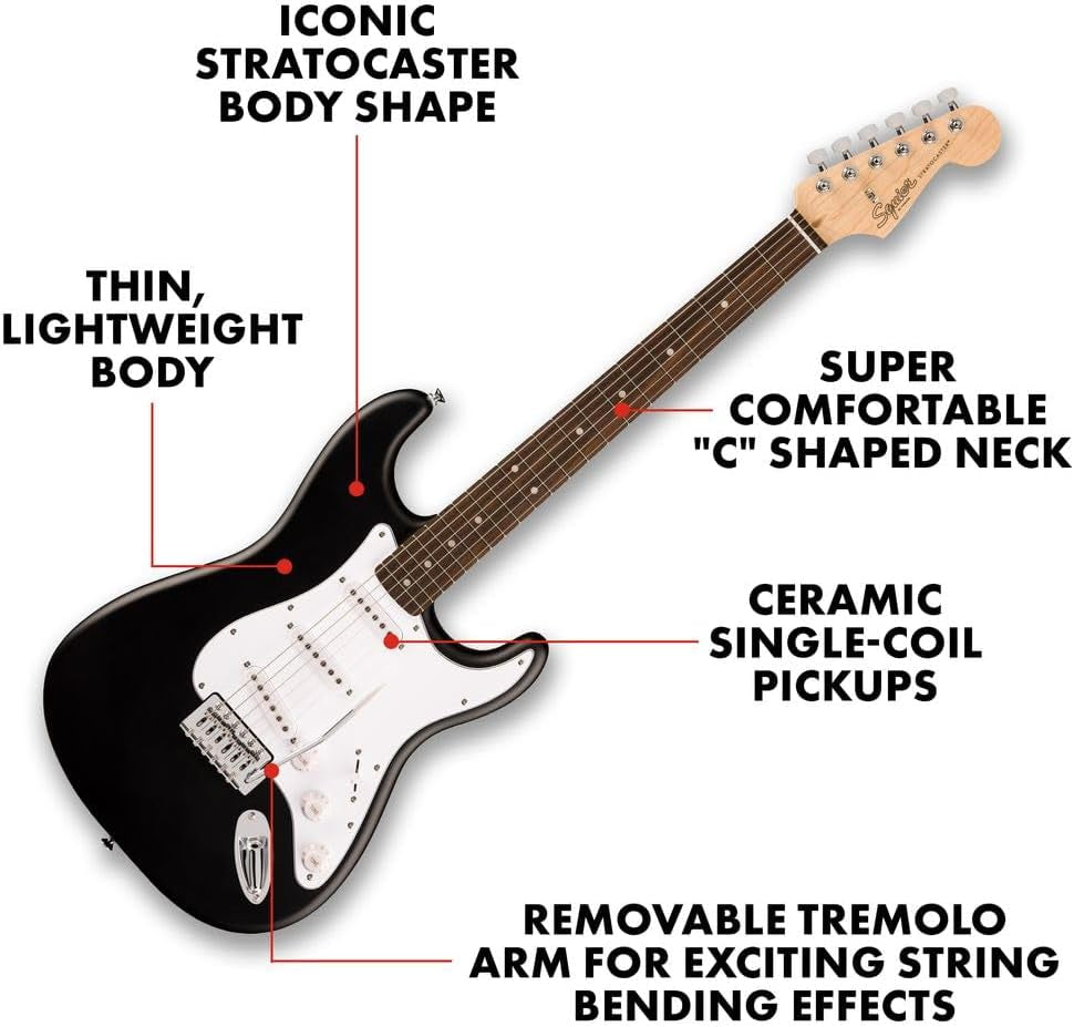 Squier Debut Series Stratocaster Electric Guitar, Beginner Guitar, with 2-Year Warranty, Includes Free Lessons, Black with Matte Finish
