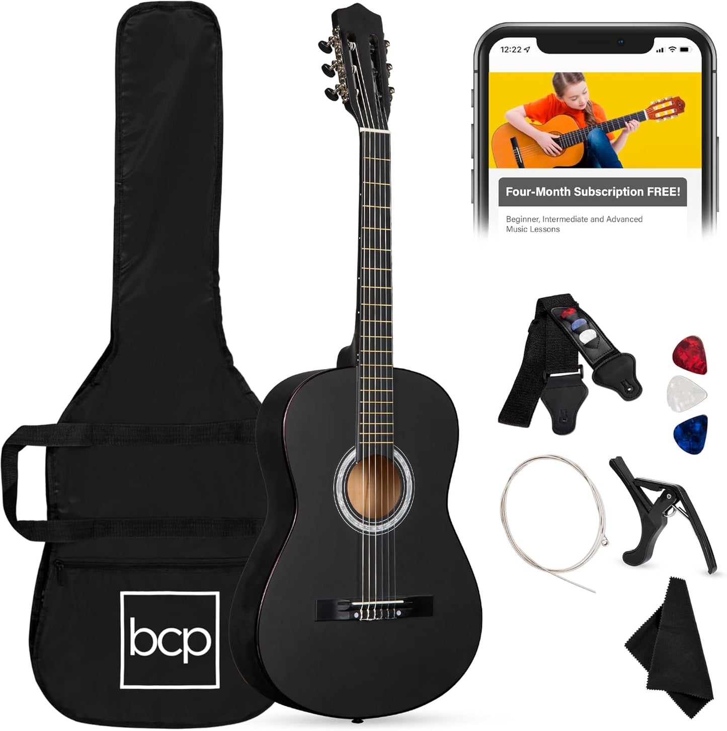 38In Beginner All Wood Acoustic Guitar Starter Kit W/Gig Bag, 6 Picks, Nylon Strings, Strap W/Pick Holder - Redburst