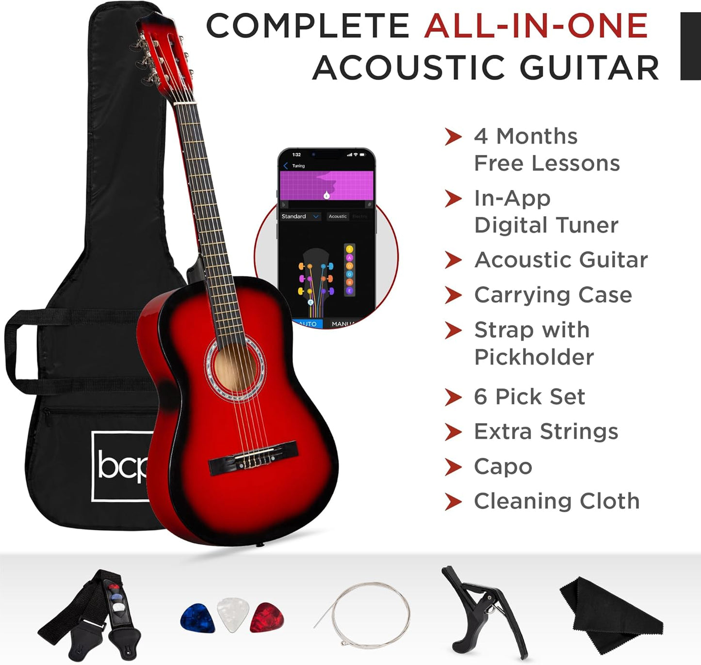 38In Beginner All Wood Acoustic Guitar Starter Kit W/Gig Bag, 6 Picks, Nylon Strings, Strap W/Pick Holder - Redburst
