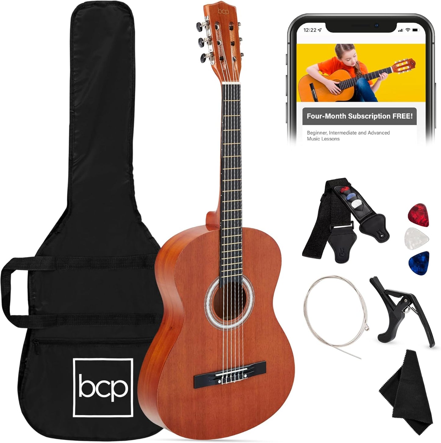 38In Beginner All Wood Acoustic Guitar Starter Kit W/Gig Bag, 6 Picks, Nylon Strings, Strap W/Pick Holder - Redburst