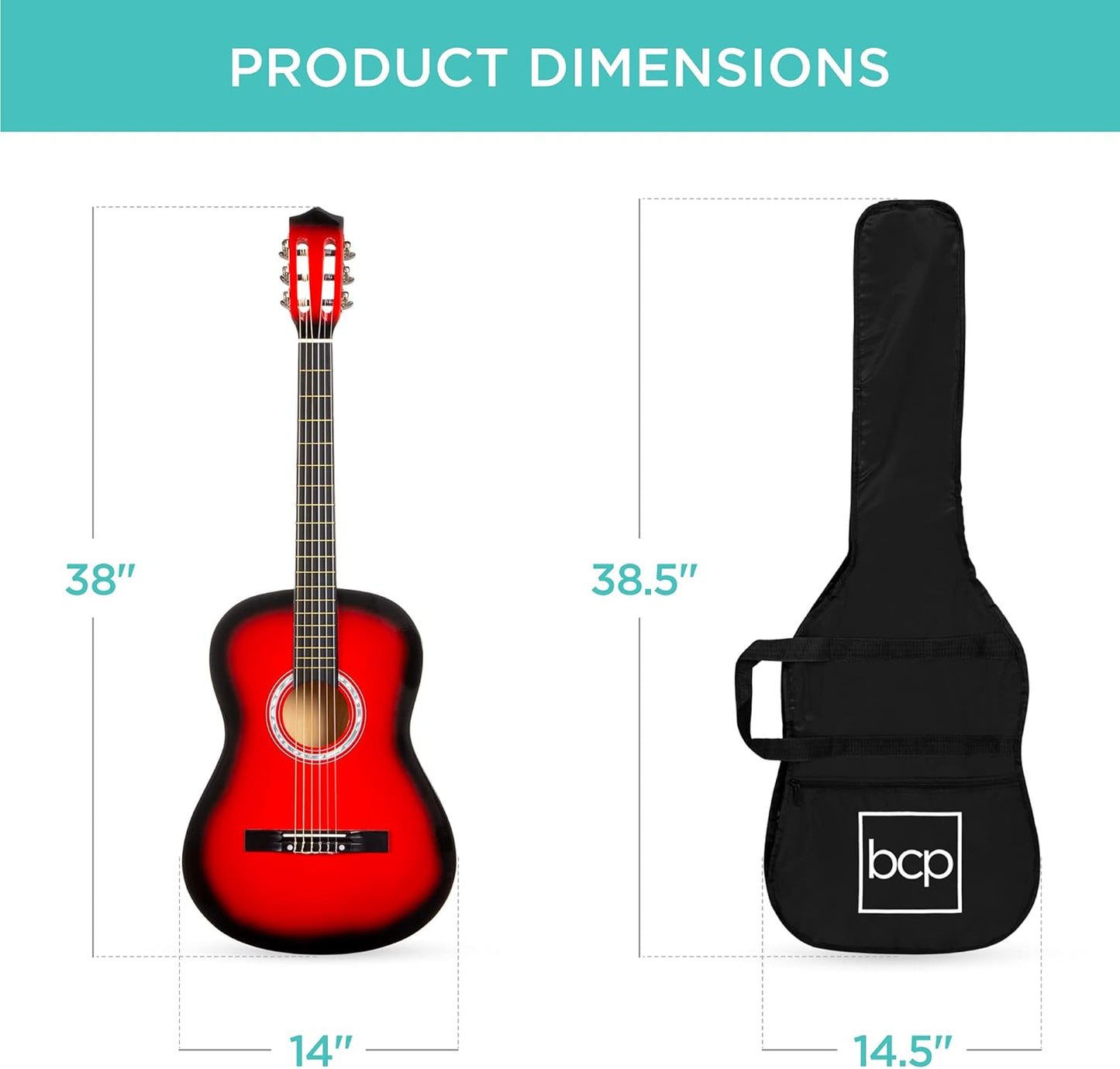 38In Beginner All Wood Acoustic Guitar Starter Kit W/Gig Bag, 6 Picks, Nylon Strings, Strap W/Pick Holder - Redburst