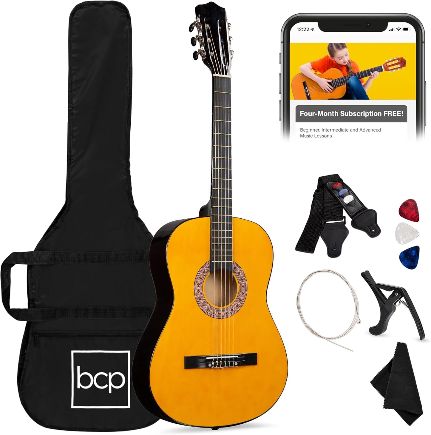 38In Beginner All Wood Acoustic Guitar Starter Kit W/Gig Bag, 6 Picks, Nylon Strings, Strap W/Pick Holder - Redburst