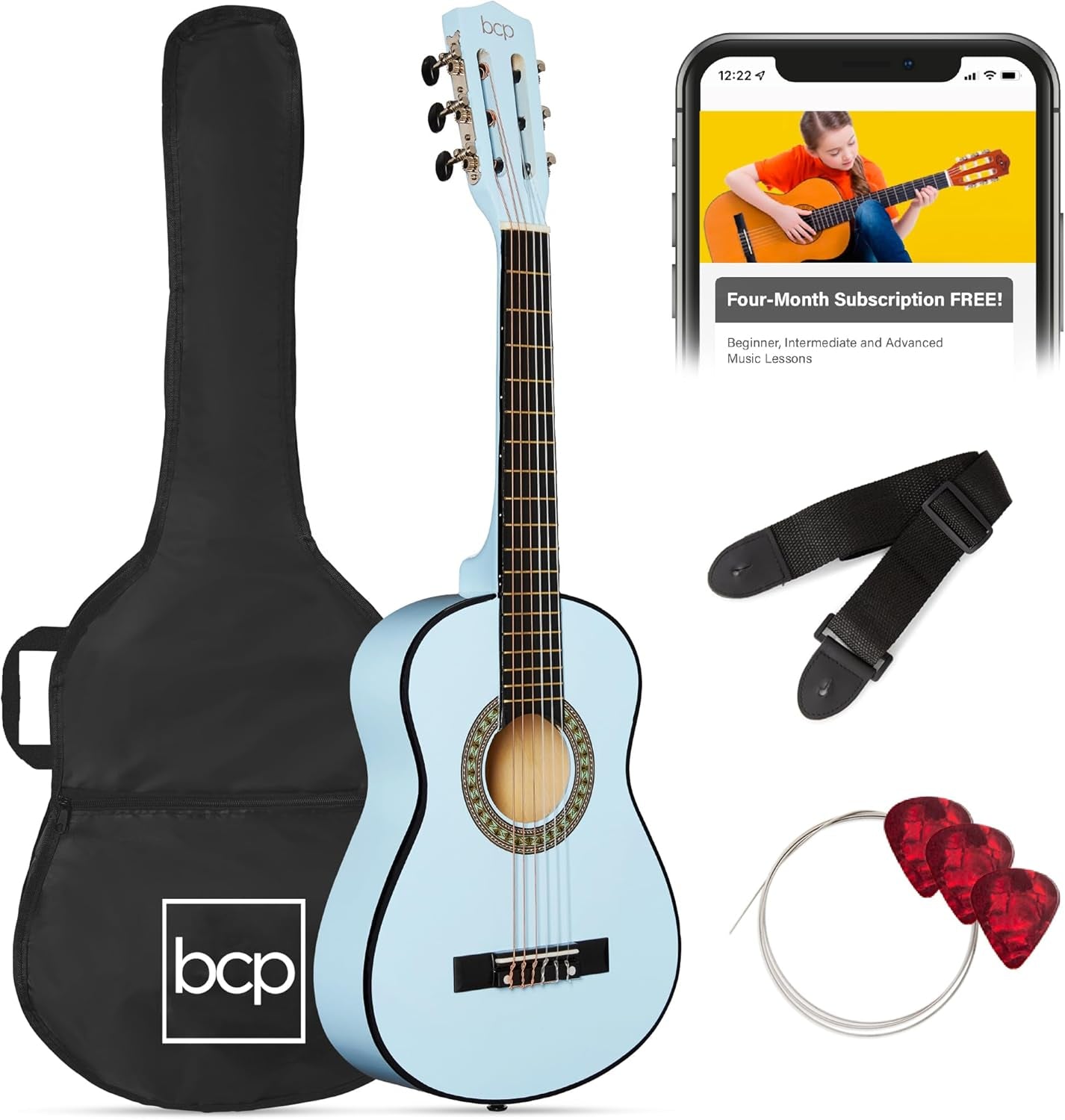 38In Beginner All Wood Acoustic Guitar Starter Kit W/Gig Bag, 6 Picks, Nylon Strings, Strap W/Pick Holder - Redburst