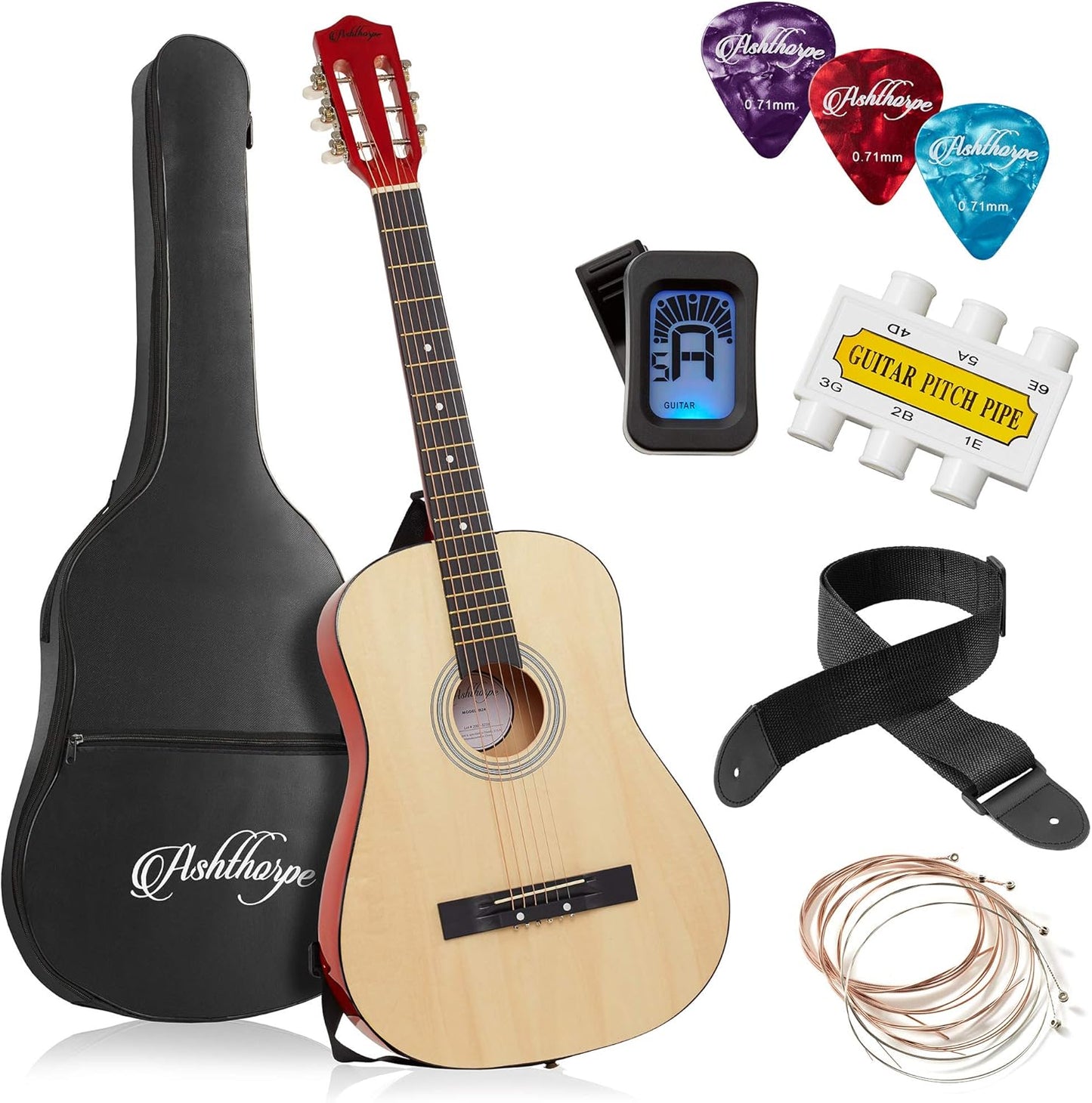 38-Inch Beginner Acoustic Guitar Package (Black), Basic Starter Kit W/Gig Bag, Strings, Strap, Tuner, Pitch Pipe, Picks