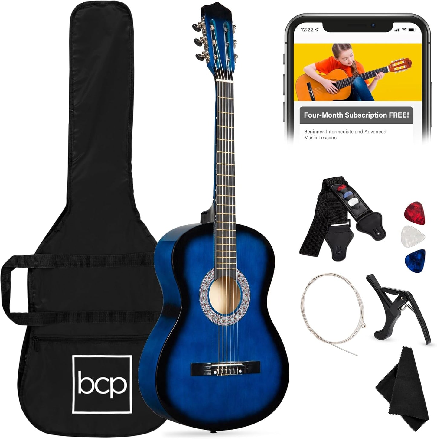 38In Beginner All Wood Acoustic Guitar Starter Kit W/Gig Bag, 6 Picks, Nylon Strings, Strap W/Pick Holder - Redburst