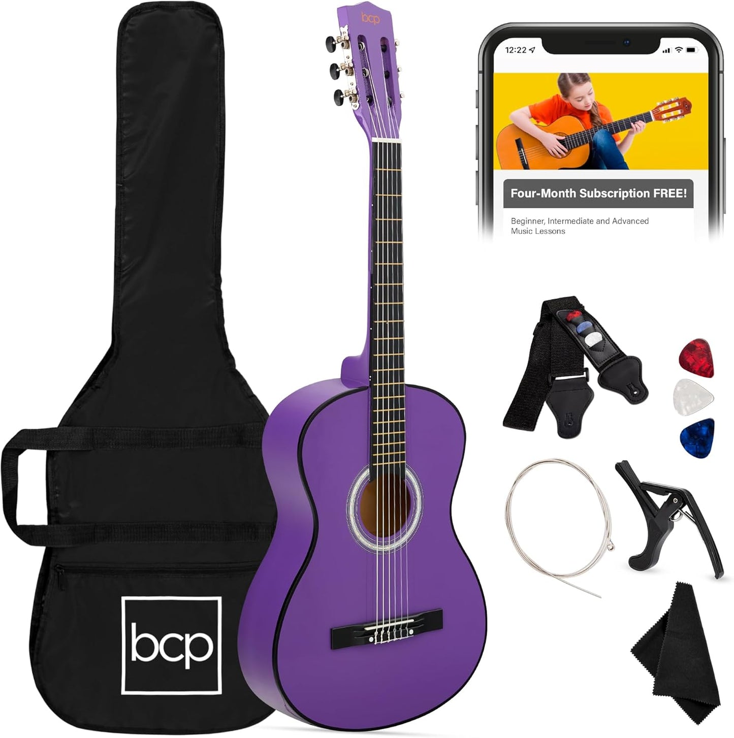 38In Beginner All Wood Acoustic Guitar Starter Kit W/Gig Bag, 6 Picks, Nylon Strings, Strap W/Pick Holder - Redburst