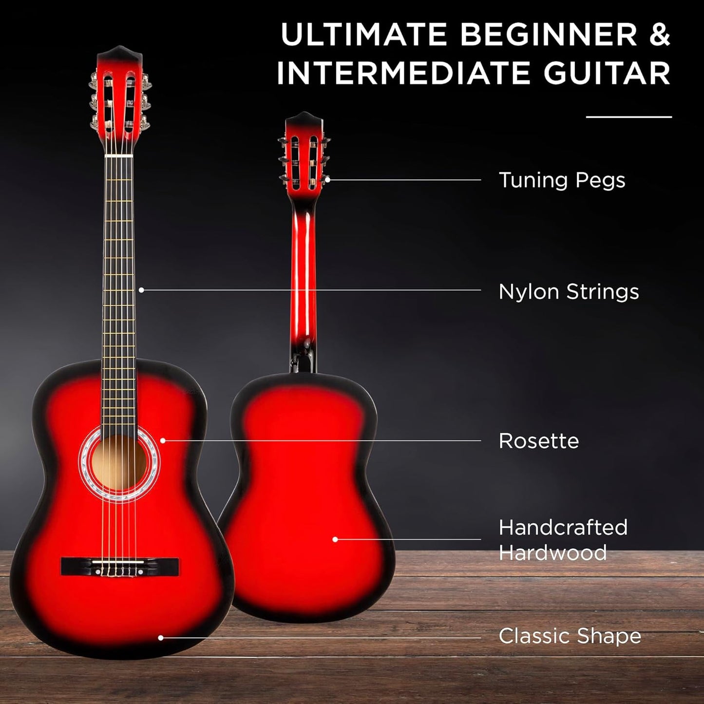 38In Beginner All Wood Acoustic Guitar Starter Kit W/Gig Bag, 6 Picks, Nylon Strings, Strap W/Pick Holder - Redburst
