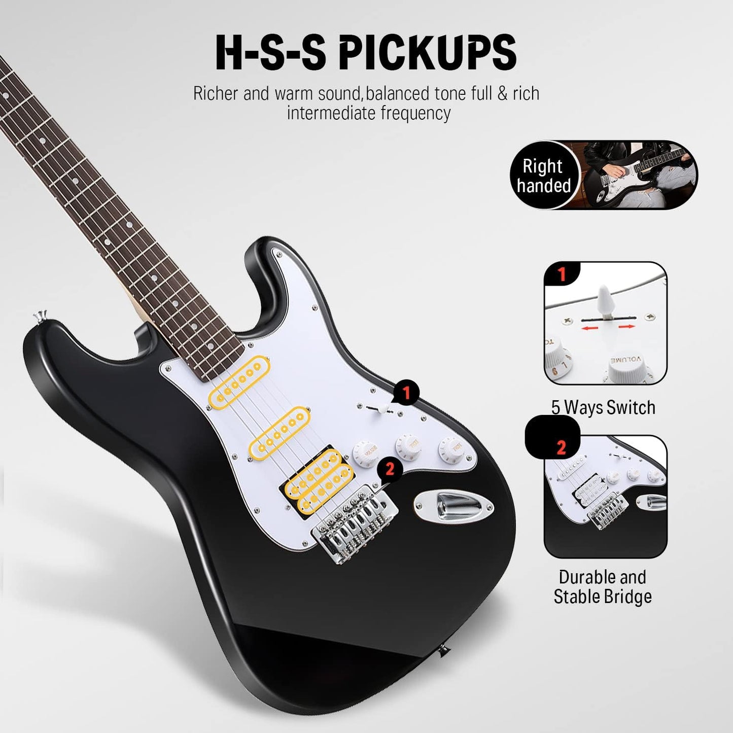 DST-100B 39 Inch Electric Guitar Beginner Kit Solid Body Full Size Black HSS for Starter, with Amplifier, Bag, Digital Tuner, Capo, Strap, String,Cable, Picks