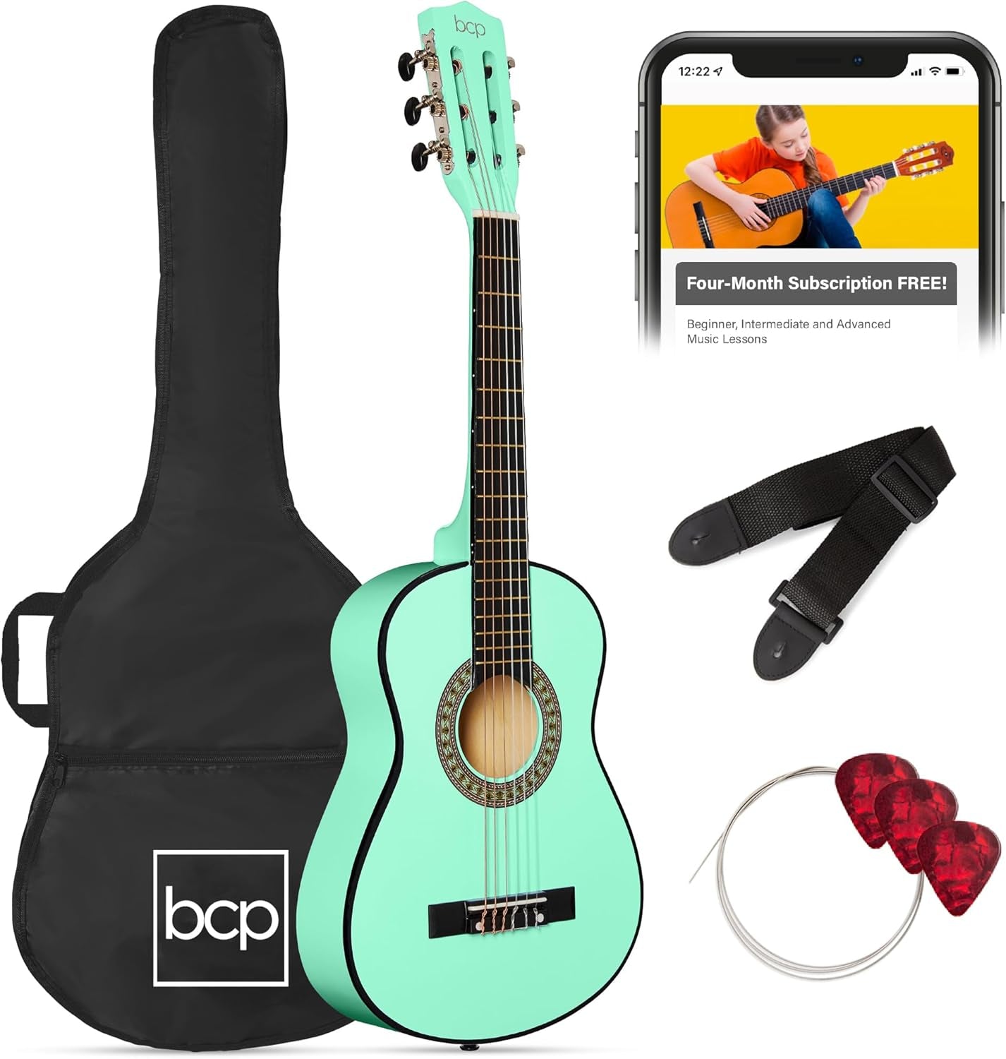 38In Beginner All Wood Acoustic Guitar Starter Kit W/Gig Bag, 6 Picks, Nylon Strings, Strap W/Pick Holder - Redburst