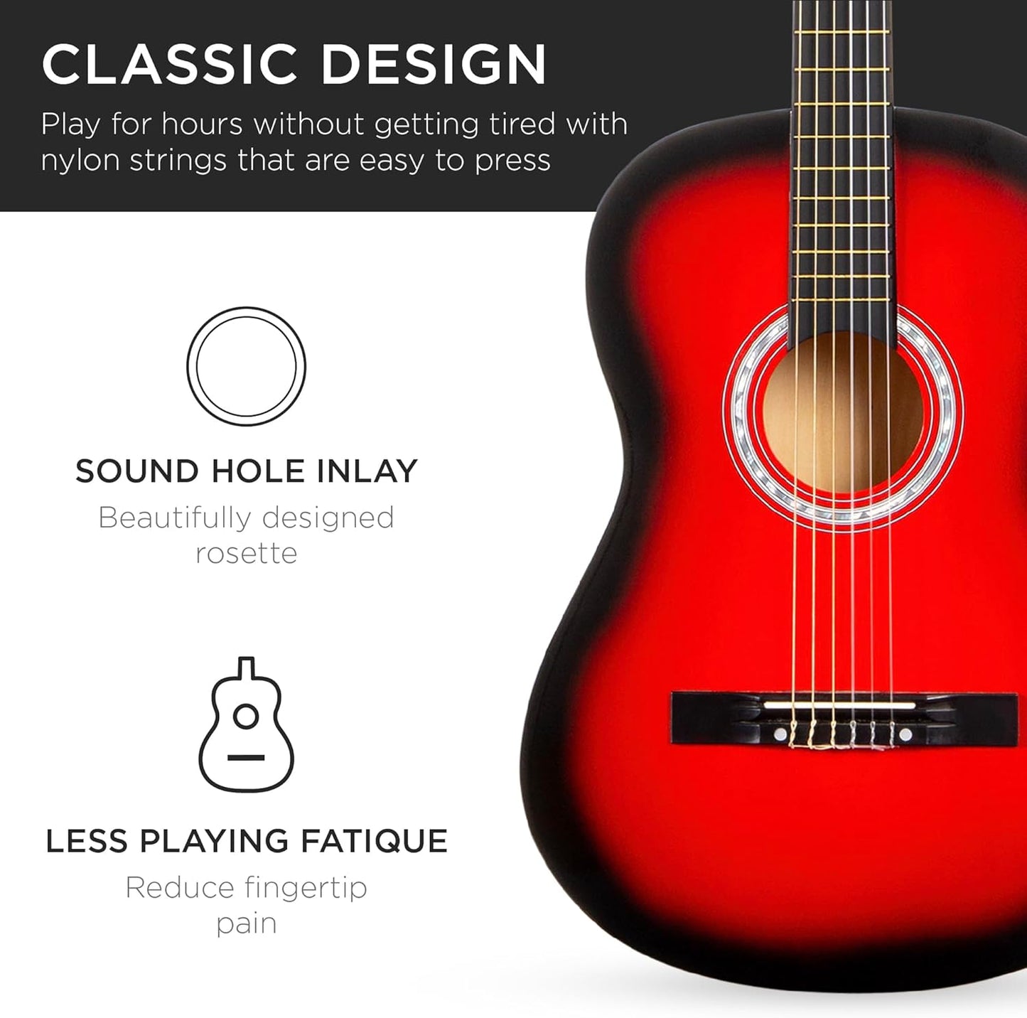 38In Beginner All Wood Acoustic Guitar Starter Kit W/Gig Bag, 6 Picks, Nylon Strings, Strap W/Pick Holder - Redburst