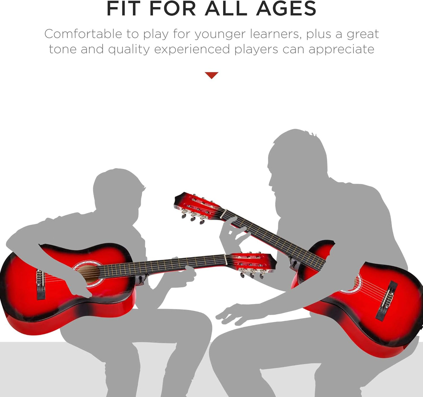 38In Beginner All Wood Acoustic Guitar Starter Kit W/Gig Bag, 6 Picks, Nylon Strings, Strap W/Pick Holder - Redburst