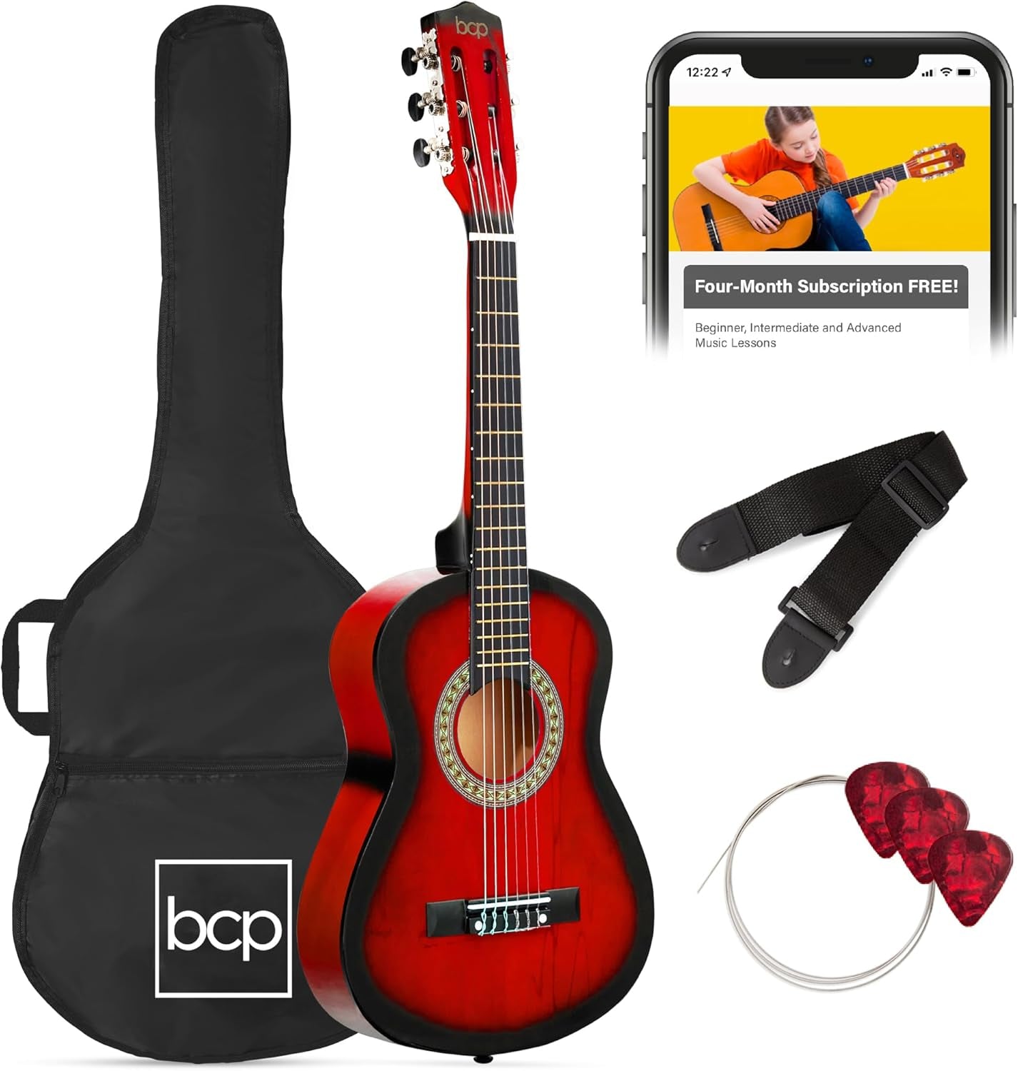 38In Beginner All Wood Acoustic Guitar Starter Kit W/Gig Bag, 6 Picks, Nylon Strings, Strap W/Pick Holder - Redburst