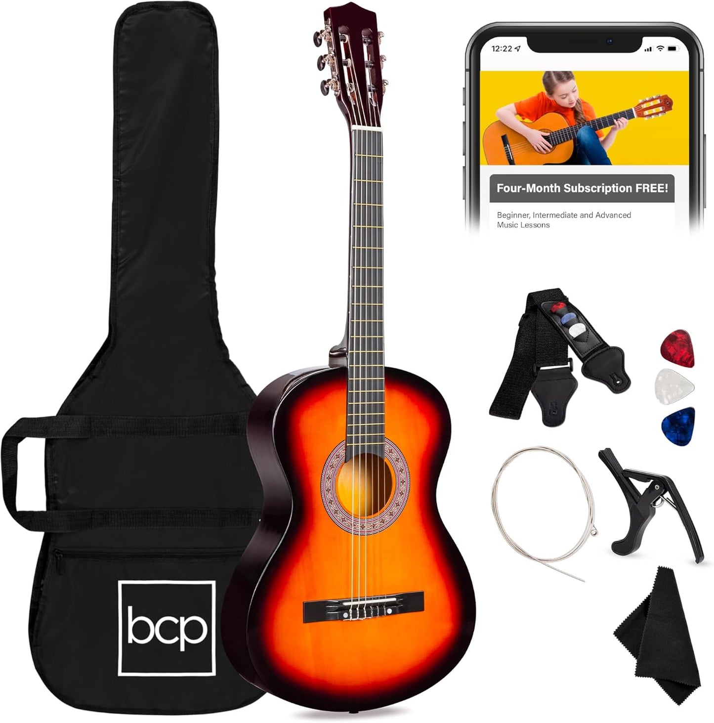 38In Beginner All Wood Acoustic Guitar Starter Kit W/Gig Bag, 6 Picks, Nylon Strings, Strap W/Pick Holder - Redburst