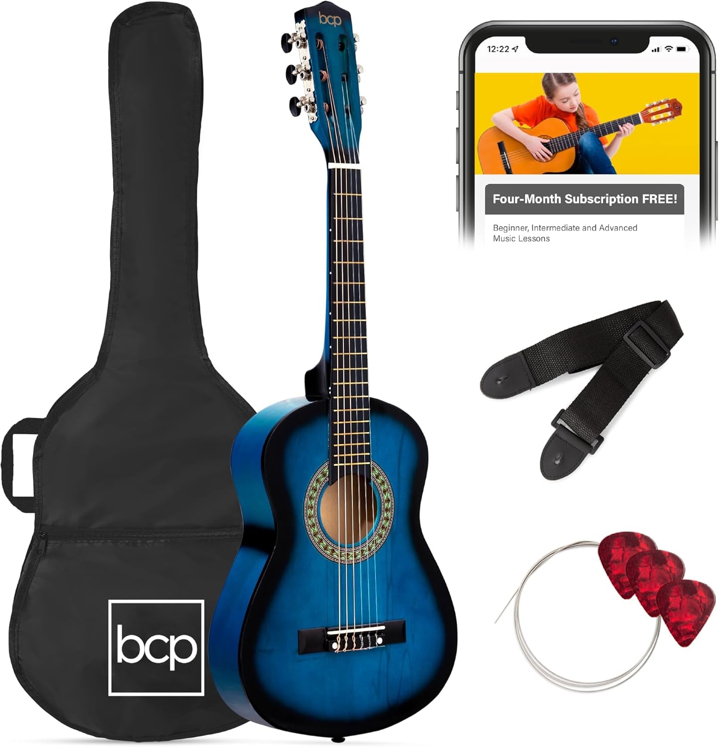 38In Beginner All Wood Acoustic Guitar Starter Kit W/Gig Bag, 6 Picks, Nylon Strings, Strap W/Pick Holder - Redburst