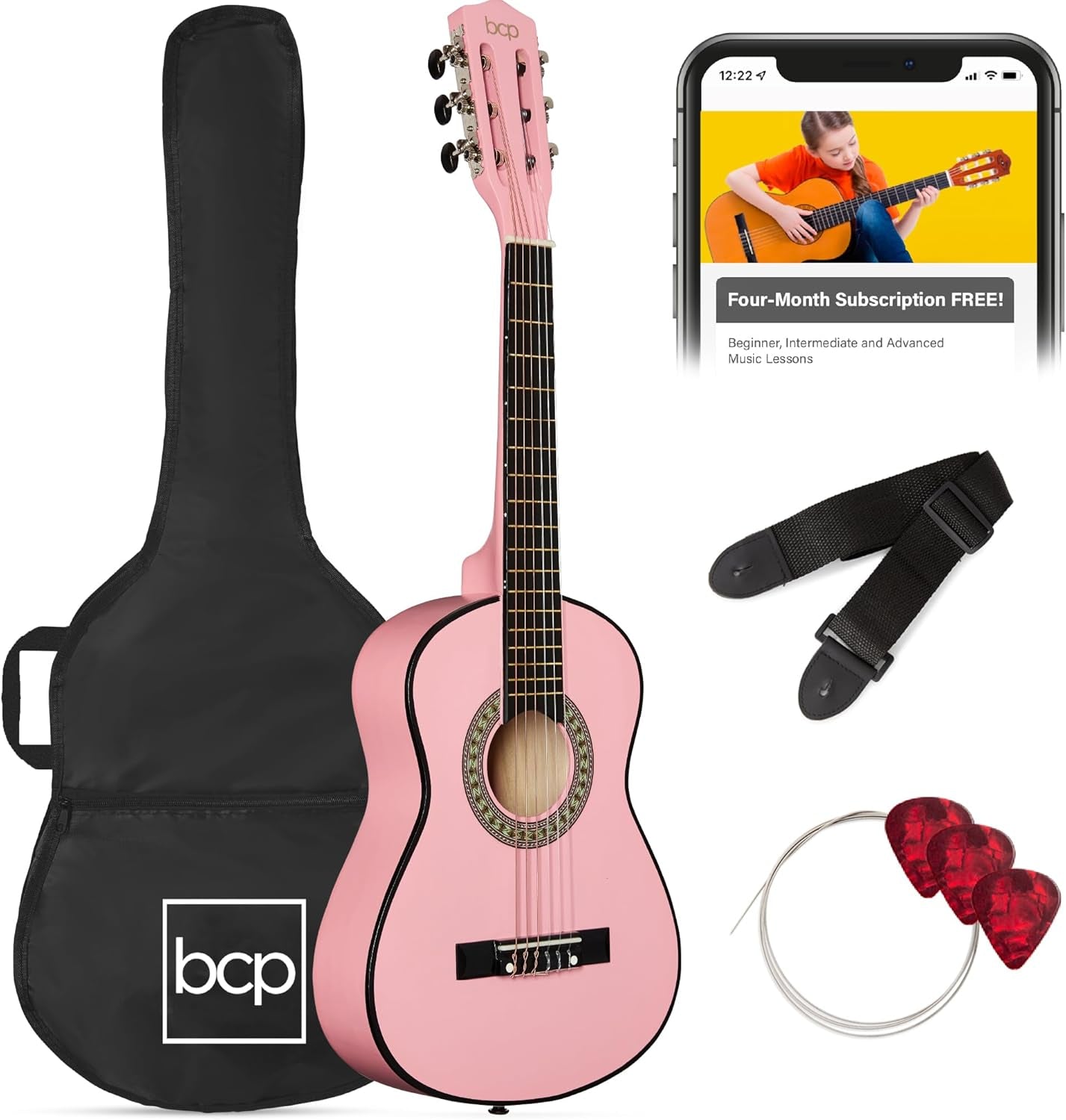 38In Beginner All Wood Acoustic Guitar Starter Kit W/Gig Bag, 6 Picks, Nylon Strings, Strap W/Pick Holder - Redburst