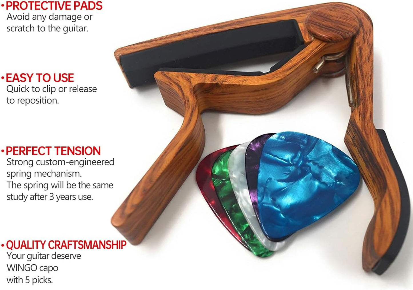 Guitar Capo for Acoustic and Electric Guitars - Rosewood Color with 5 Picks