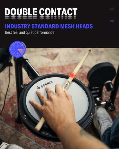 DED-200 Electric Drum Sets with Quiet Mesh Drum Pads, 2 Cymbals W/Choke, 31 Kits and 450+ Sounds, Throne, Headphones, Sticks, USB MIDI, Melodics Lessons (5 Pads, 3 Cymbals)