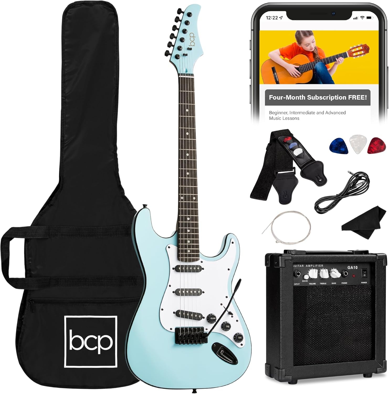 39In Full Size Beginner Electric Guitar Starter Kit W/Case, Strap, 10W Amp, Strings, Pick, Tremolo Bar - Hollywood Blue