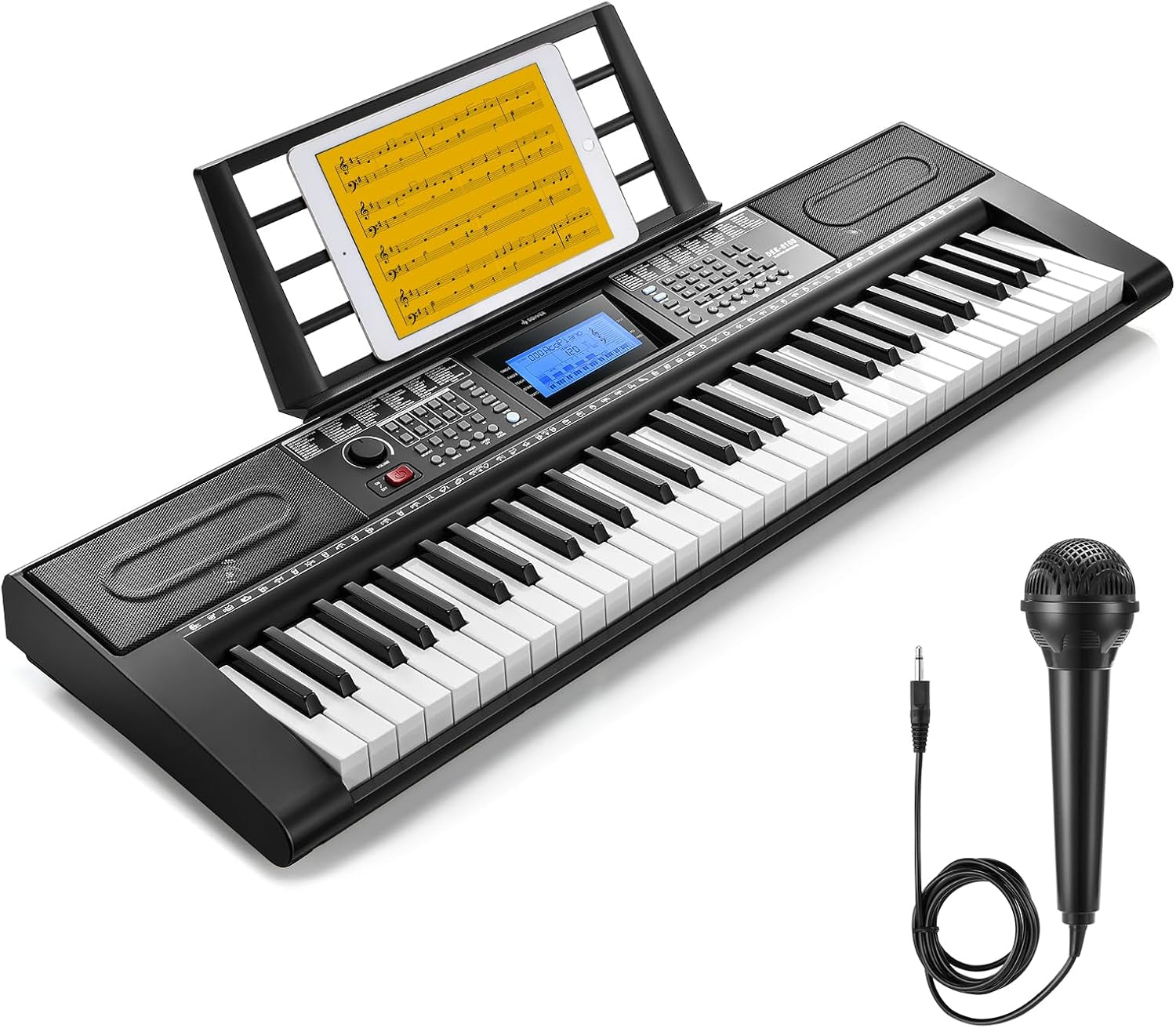 61 Key Keyboard Piano, Electric Piano Keyboard Kit with 249 Voices, 249 Rhythms - Includes Piano Stand, Stool, Microphone, Gift for Beginners, Black (DEK-610S)