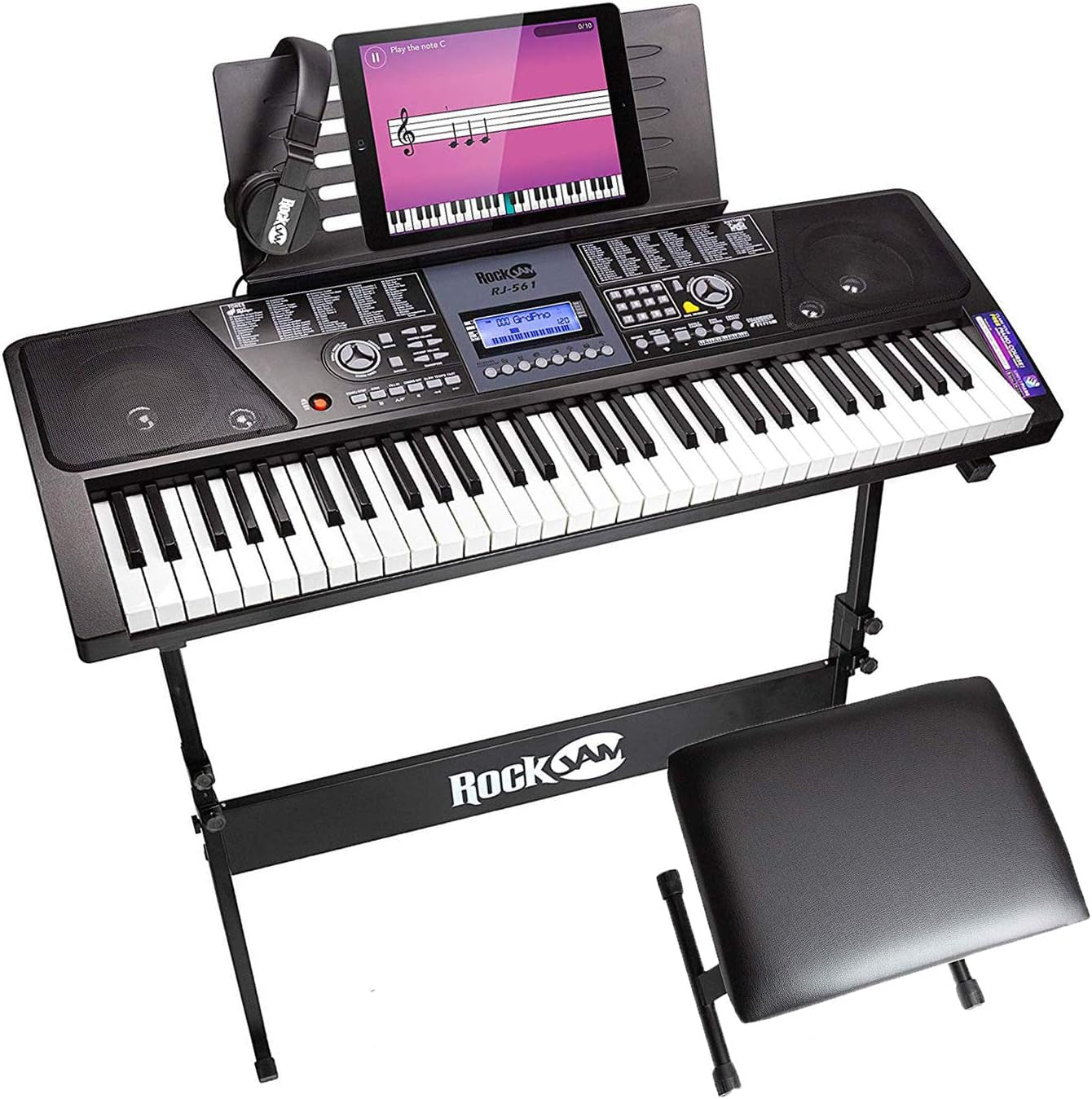 61 Key Keyboard Piano Stand with Pitch Bend Kit, Piano Bench, Headphones, Simply Piano App & Keynote Stickers