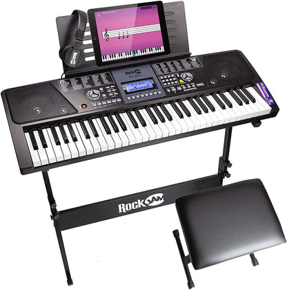 61 Key Keyboard Piano Stand with Pitch Bend Kit, Piano Bench, Headphones, Simply Piano App & Keynote Stickers