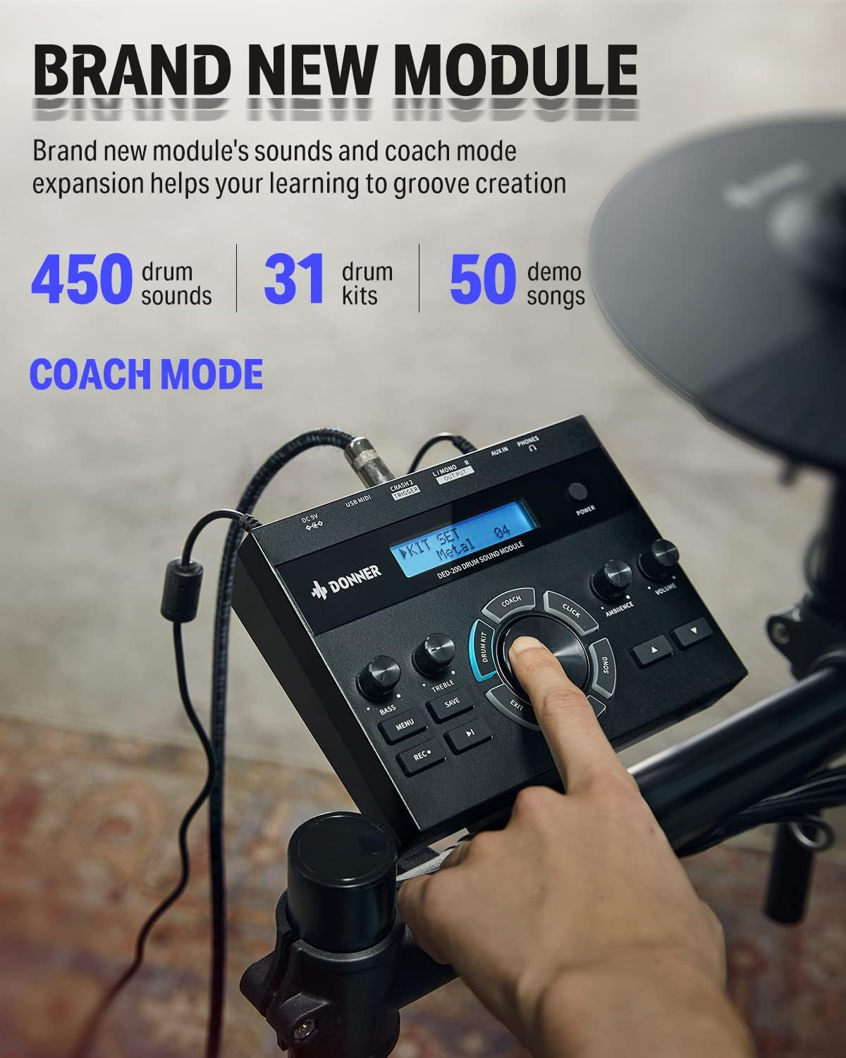 DED-200 Electric Drum Sets with Quiet Mesh Drum Pads, 2 Cymbals W/Choke, 31 Kits and 450+ Sounds, Throne, Headphones, Sticks, USB MIDI, Melodics Lessons (5 Pads, 3 Cymbals)