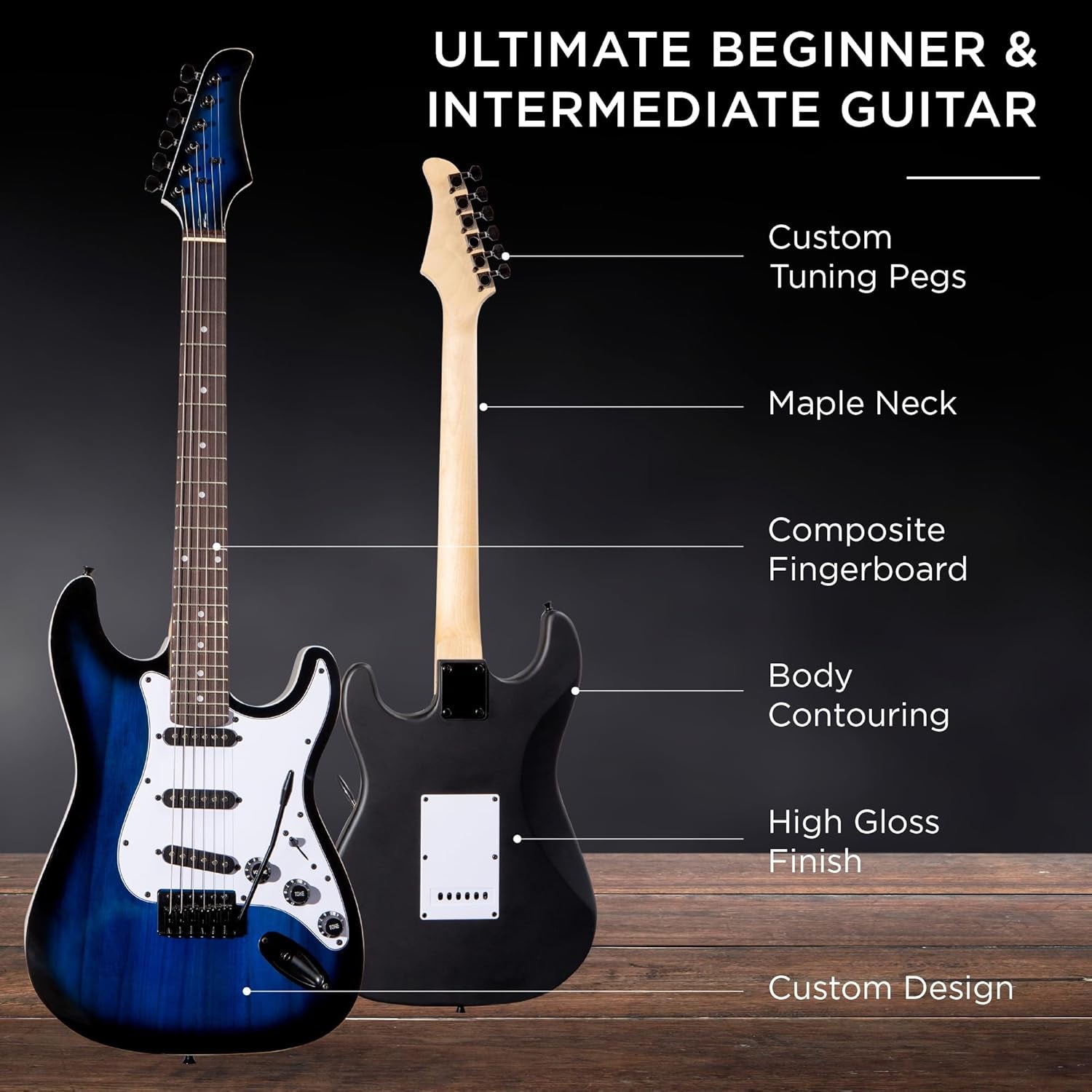 39In Full Size Beginner Electric Guitar Starter Kit W/Case, Strap, 10W Amp, Strings, Pick, Tremolo Bar - Hollywood Blue