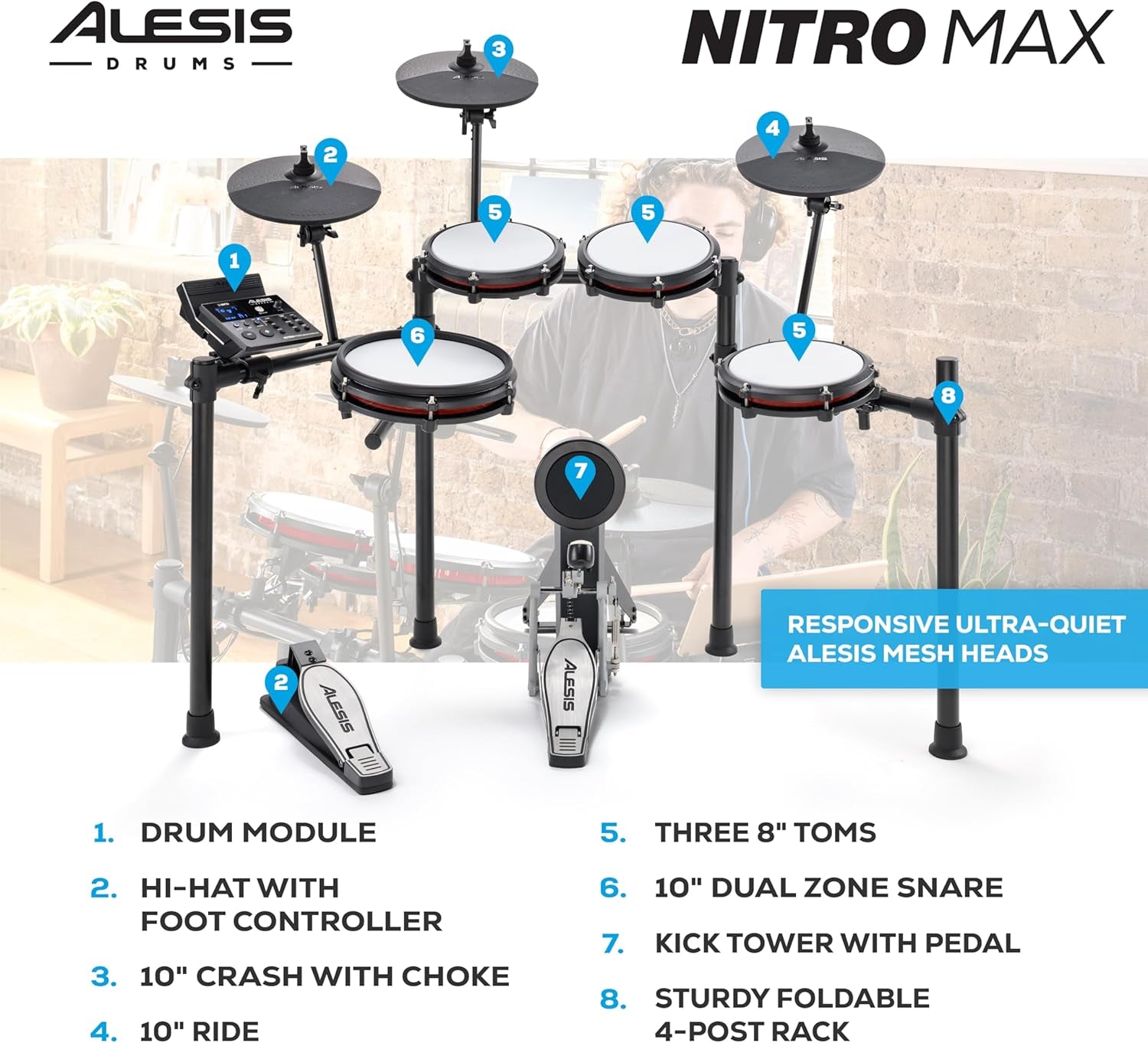 Nitro Max Kit Electric Drum Set with Quiet Mesh Pads, 10" Dual Zone Snare, Bluetooth, 440+ Sounds, Drumeo, USB MIDI, and Drummer Headphones