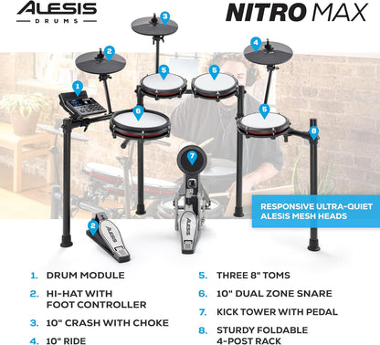 Nitro Max Kit Electric Drum Set with Quiet Mesh Pads, 10" Dual Zone Snare, Bluetooth, 440+ Sounds, Drumeo, USB MIDI, and Drummer Headphones