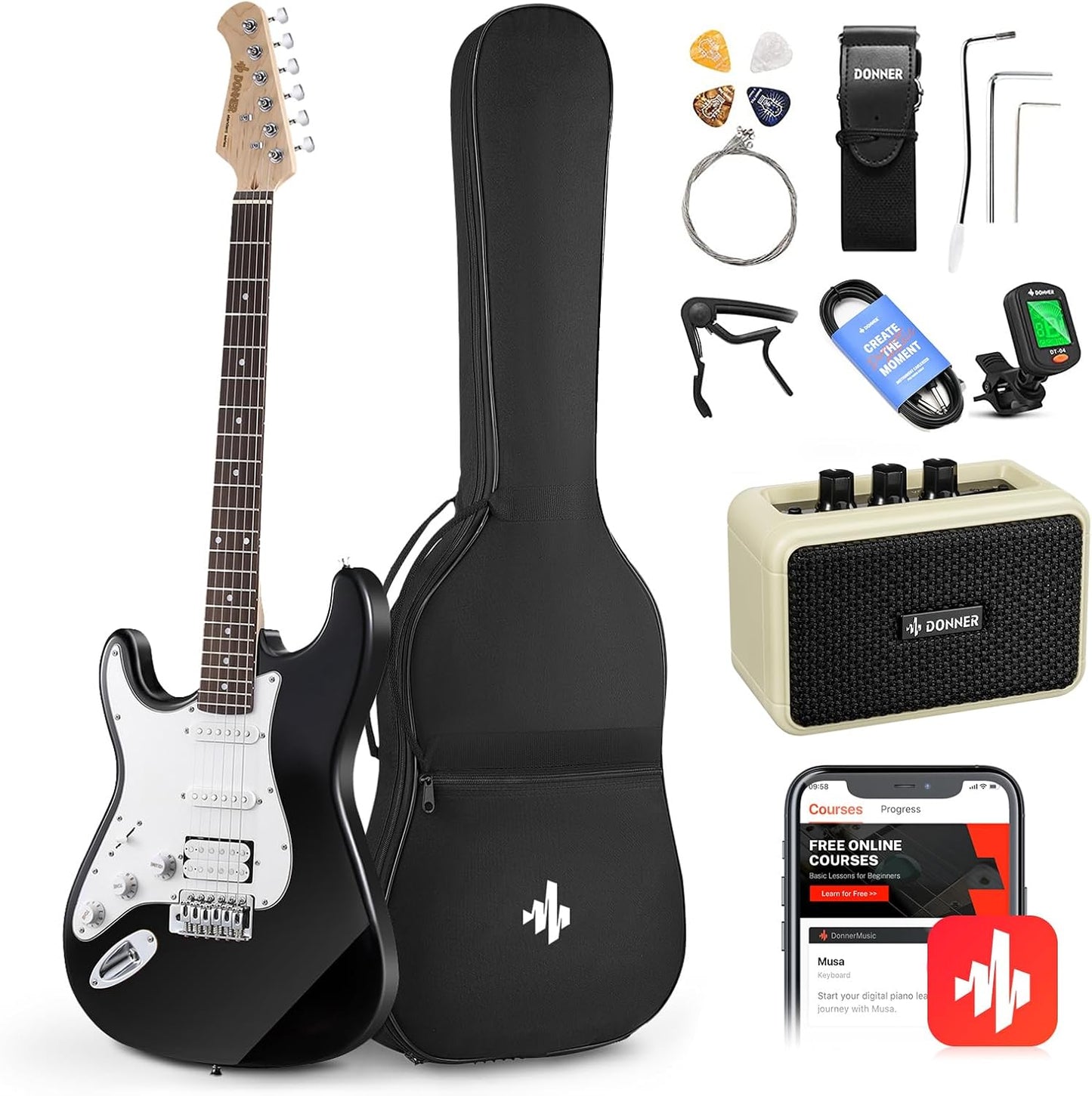 DST-100B 39 Inch Electric Guitar Beginner Kit Solid Body Full Size Black HSS for Starter, with Amplifier, Bag, Digital Tuner, Capo, Strap, String,Cable, Picks