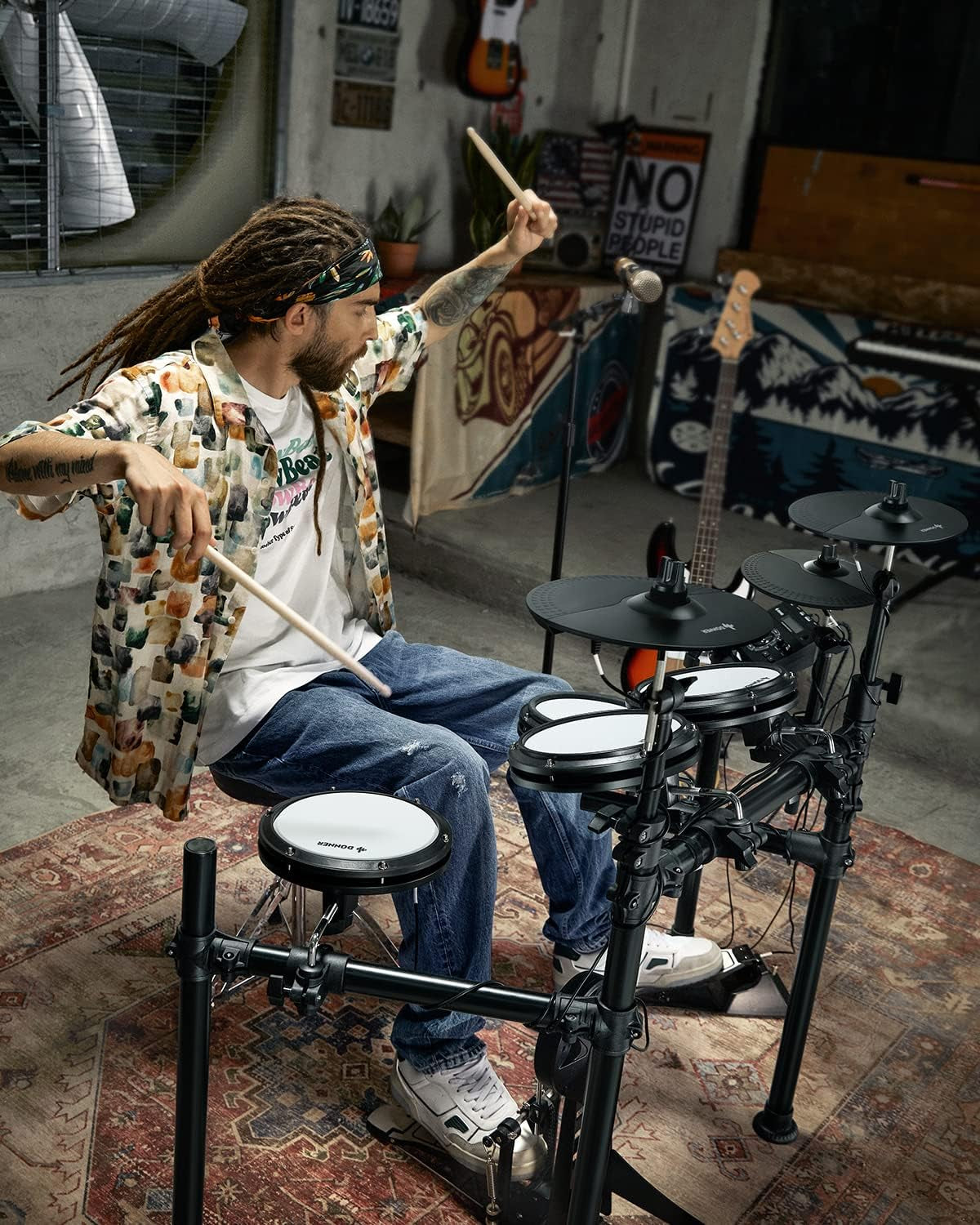 DED-200 Electric Drum Sets with Quiet Mesh Drum Pads, 2 Cymbals W/Choke, 31 Kits and 450+ Sounds, Throne, Headphones, Sticks, USB MIDI, Melodics Lessons (5 Pads, 3 Cymbals)