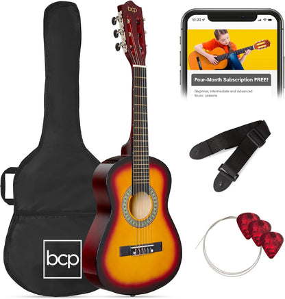 38In Beginner All Wood Acoustic Guitar Starter Kit W/Gig Bag, 6 Picks, Nylon Strings, Strap W/Pick Holder - Redburst