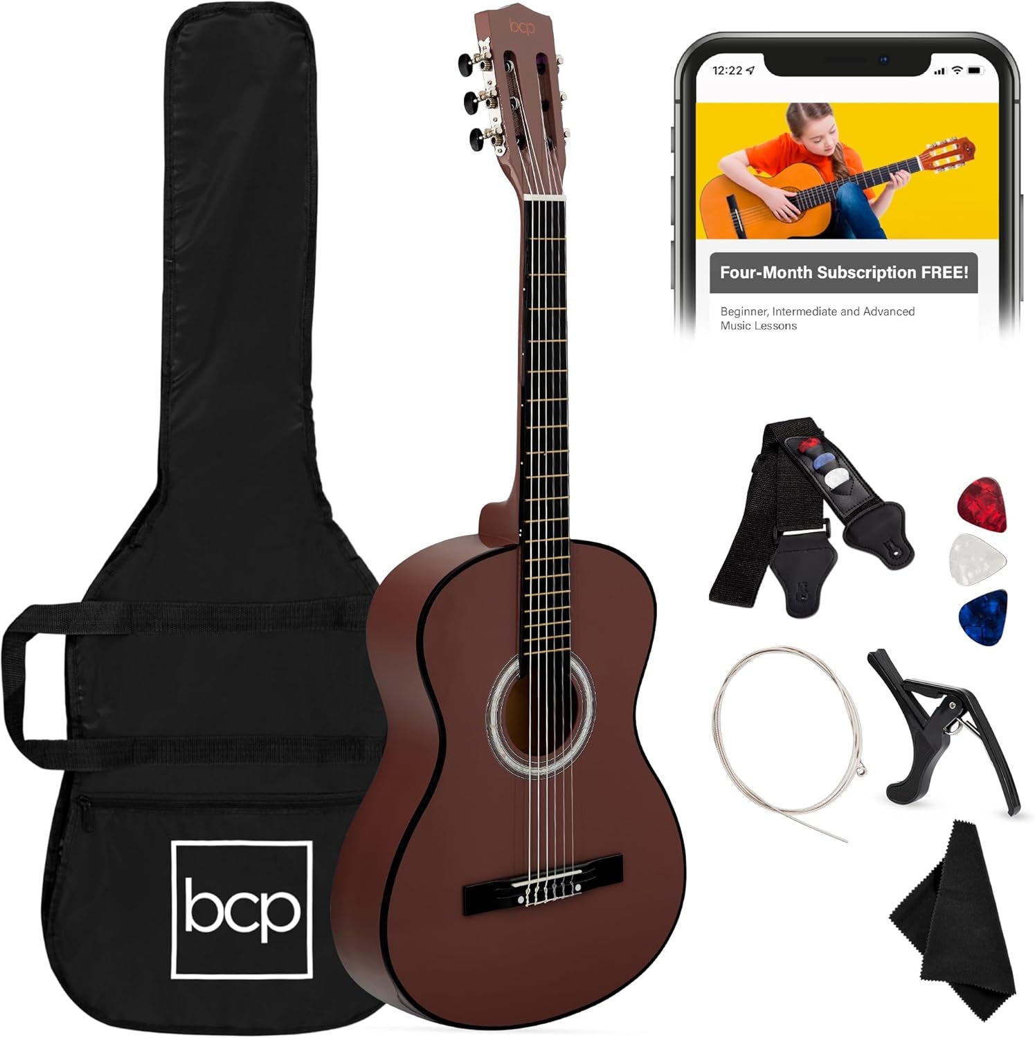 38In Beginner All Wood Acoustic Guitar Starter Kit W/Gig Bag, 6 Picks, Nylon Strings, Strap W/Pick Holder - Redburst