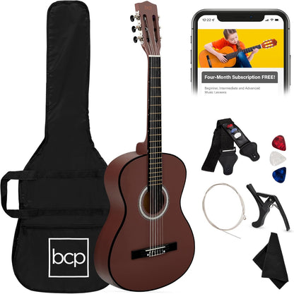 38In Beginner All Wood Acoustic Guitar Starter Kit W/Gig Bag, 6 Picks, Nylon Strings, Strap W/Pick Holder - Redburst