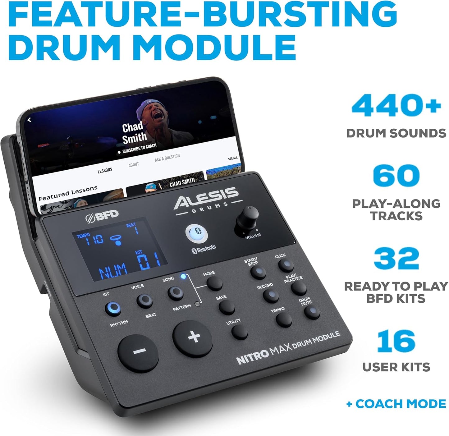 Nitro Max Kit Electric Drum Set with Quiet Mesh Pads, 10" Dual Zone Snare, Bluetooth, 440+ Sounds, Drumeo, USB MIDI, and Drummer Headphones