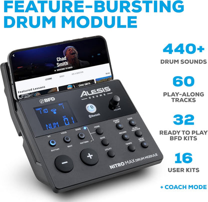 Nitro Max Kit Electric Drum Set with Quiet Mesh Pads, 10" Dual Zone Snare, Bluetooth, 440+ Sounds, Drumeo, USB MIDI, and Drummer Headphones