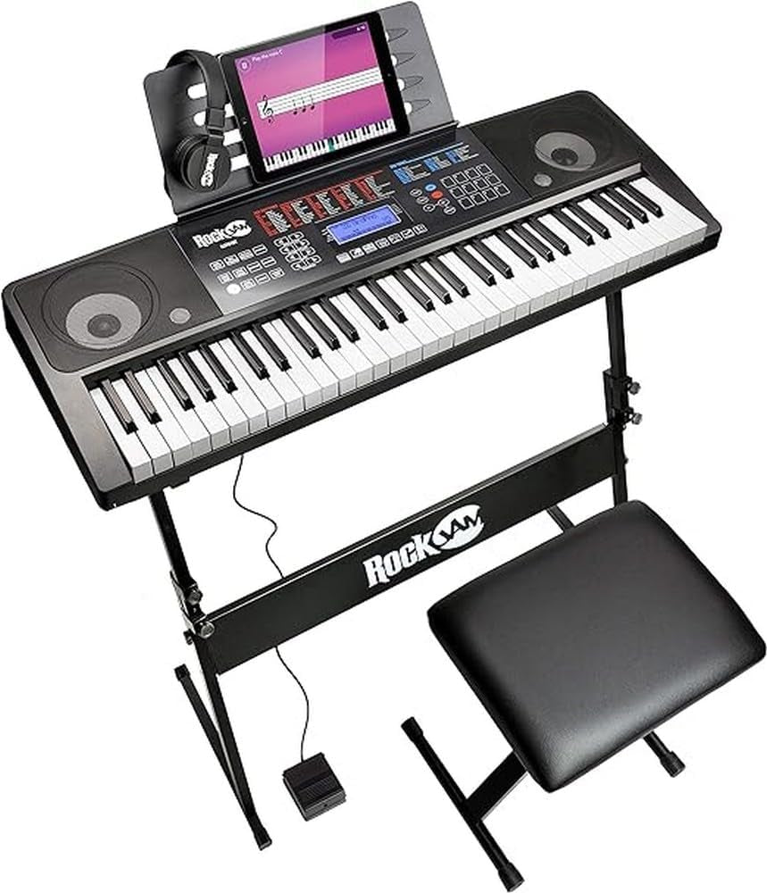 61 Key Keyboard Piano Stand with Pitch Bend Kit, Piano Bench, Headphones, Simply Piano App & Keynote Stickers